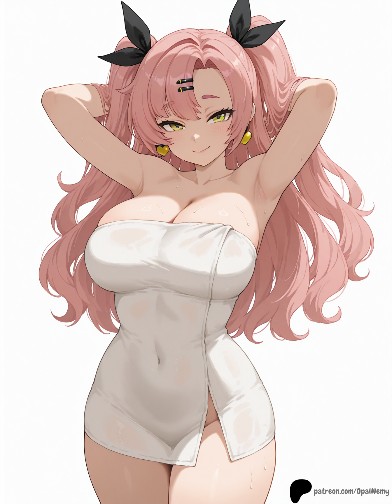 1girls, ai generated, armpits, arms behind head, bangs, bare shoulders, breasts, covered navel, curvy, earrings, eyebrows visible through hair, female, female only, hair between eyes, hair ornament, heart earrings, hi res, high quality, high resolution, highres, huge breasts, large breasts, legs, light blush, light smile, long hair, looking at viewer, midriff, nicole demara, opal nemy, patreon, patreon logo, patreon username, pink hair, plain background, presenting armpit, self upload, shadow, simple background, smile, thick eyebrows, thick thighs, thighs, towel, watermark, wet, wet skin, white background, zenless zone zero