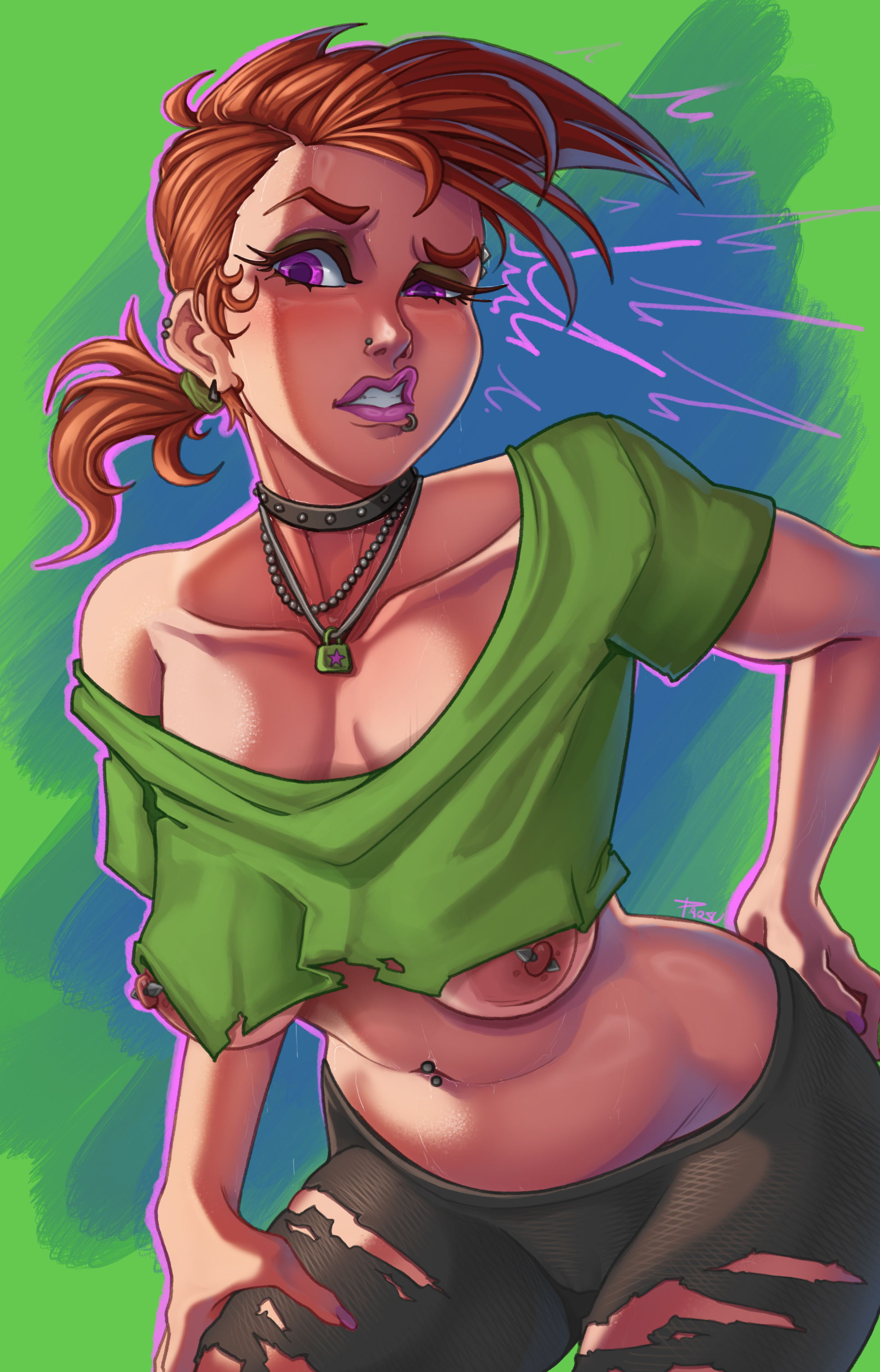 1girls, 2d, areolae, breasts, brown hair, busty, choker, ear piercing, eyebrow raise, eyelashes, female, female focus, female only, grin, hourglass figure, lip ring, looking at viewer, navel piercing, necklace, nickelodeon, nipple piercing, nipples, nipples outside, nose piercing, one eye half-closed, parsujera, pierced lip, pierced nipples, piercing, pink lipstick, ponytail, purple eyes, red hair, sagging breasts, short ponytail, solo, the fairly oddparents, very high resolution, vicky (fairly odd parents), wide hips