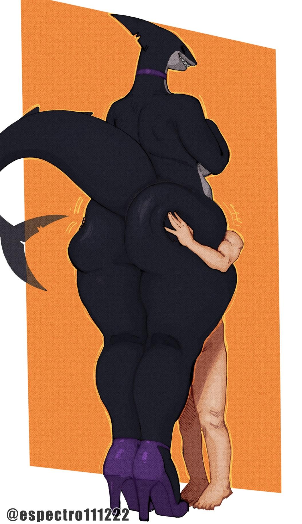 anthro artist_name ass big_breasts big_butt black_body black_skin breasts butt_grab choker clothing duo espectro111222 female fish footwear full-length_portrait hand_on_butt hi_res high_heels hug human jewelry male male/female mammal marine necklace nude nude_anthro nude_female nude_human nude_male orange_background portrait shark shoes simple_background smile standing tail teeth text