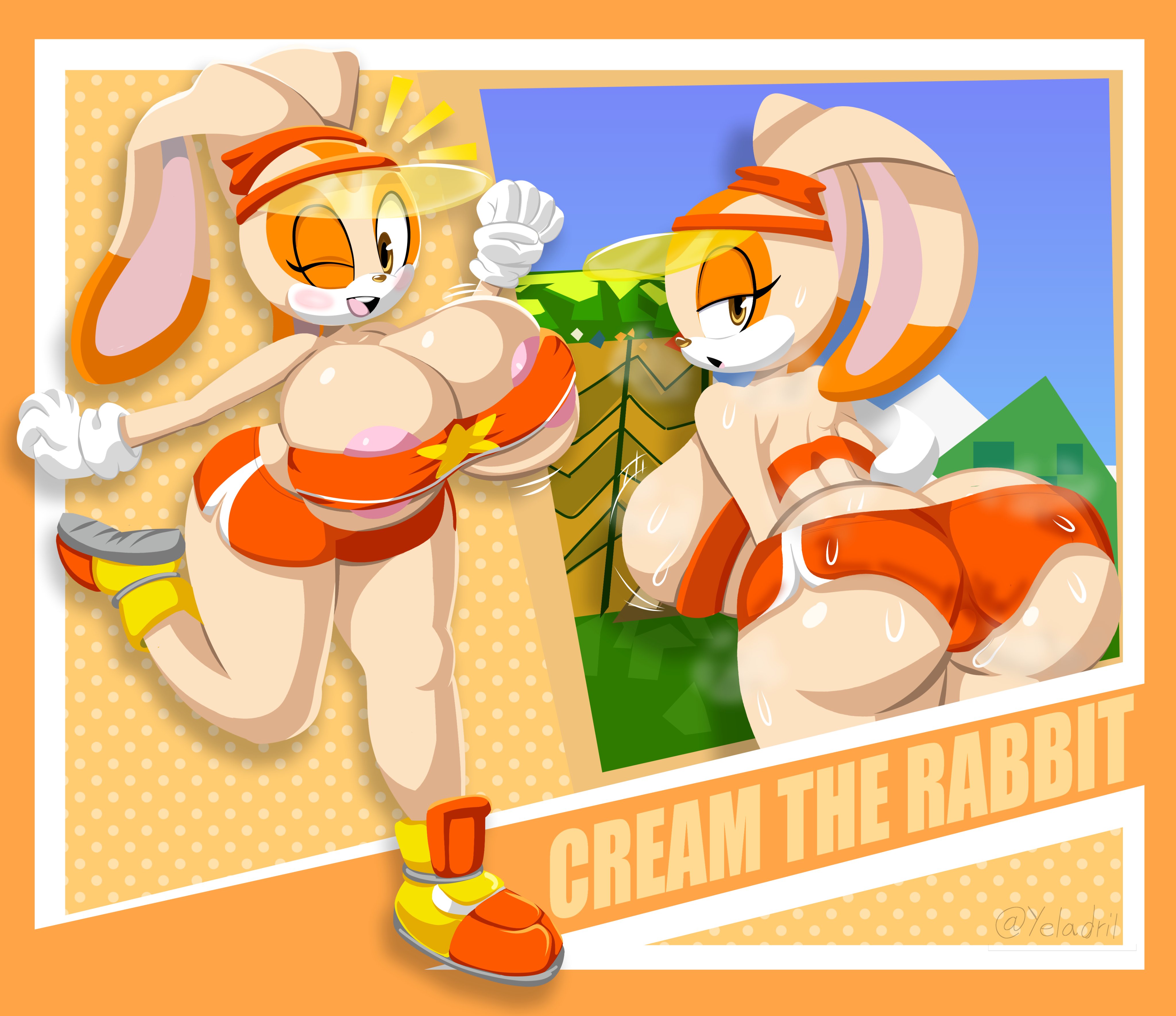 1girls, aged up, ass, ass crack, big ass, blush, breasts, bunny ears, butt crack, casual nudity, cleavage, clothed, clothing, cream the rabbit, fat ass, female, female only, huge ass, huge breasts, looking at viewer, rabbit, revealing clothes, sideass, solo, sonic (series), sonic riders, teasing, underboob, yelladrill