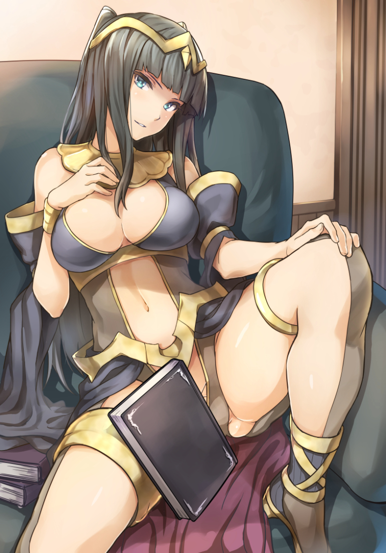 1girls big_breasts black_hair blue_eyes book breasts cape cleavage clothed convenient_censoring couch detached_sleeves female fire_emblem fire_emblem_awakening hand_on_knee indoors leotard long_hair looking_at_viewer navel nintendo pose shinon_(tokage_shuryou) sitting smile sofa solo spread_legs tharja_(fire_emblem) tiara