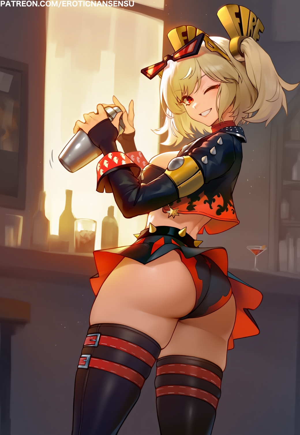 1girls, ai assisted, ai generated, ass, breasts, burnice white, erotic nansensu, eyewear on head, female, female focus, female only, large breasts, light skin, light-skinned female, looking at viewer, looking back, solo, thighhighs, thighs, zenless zone zero