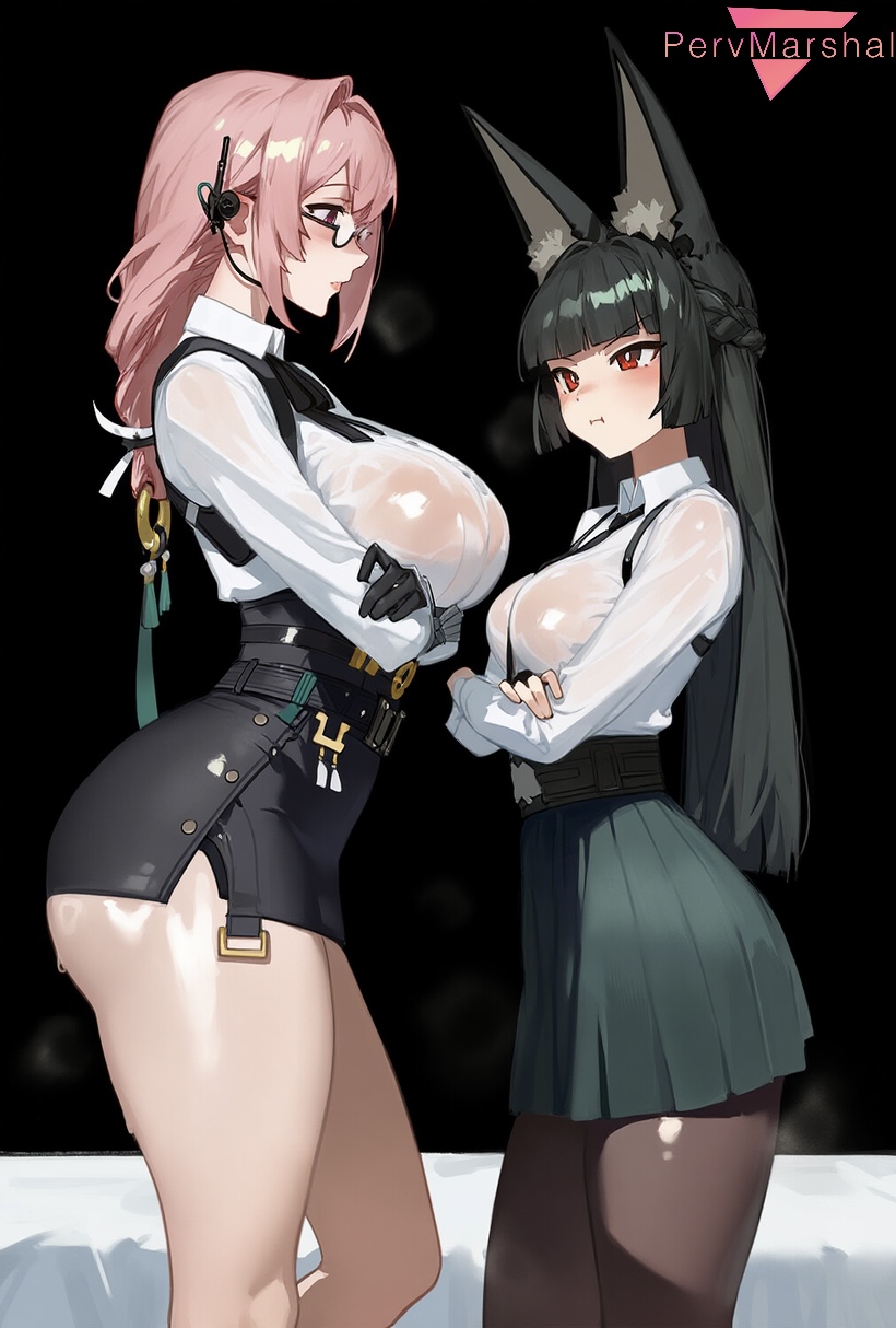2girls, ai generated, animal ears, breasts, female, female only, from side, hoshimi miyabi, huge breasts, marshalperv, pervmarshal, shiny skin, shirt, tsukishiro yanagi, zenless zone zero