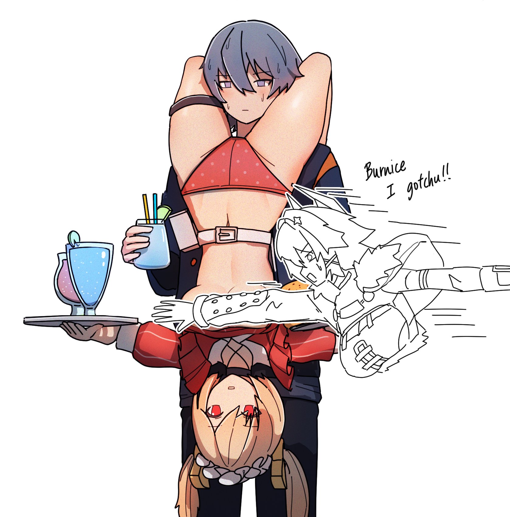 1boy, 2girls, burnice white, caesar king, dorahdew, drinks, english text, female, hamburger, magic skirt, male, midriff, orange eyes, orange panties, polka dot panties, tagme, thick thighs, thigh band, twintails, upside-down, waitress, white belt, wise (zenless zone zero), zenless zone zero