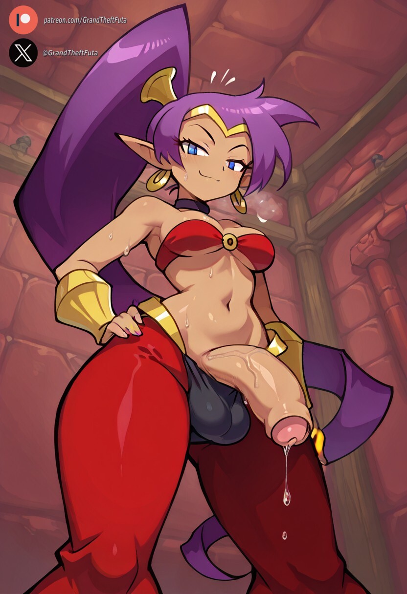 1futa, ai generated, balls, big penis, blue eyes, blush, breasts, clothing, cock, dark skin, dark-skinned futa, dickgirl, flaccid, foreskin, futa only, futanari, huge cock, indoors, intersex, leaking precum, light skin, light-skinned futa, long hair, looking at viewer, low-angle view, medium breasts, penis, precum, purple hair, roxygtf, shantae, shantae (character), smug, solo, standing, sweat, sweating, sweaty body, taker pov, uncircumcised