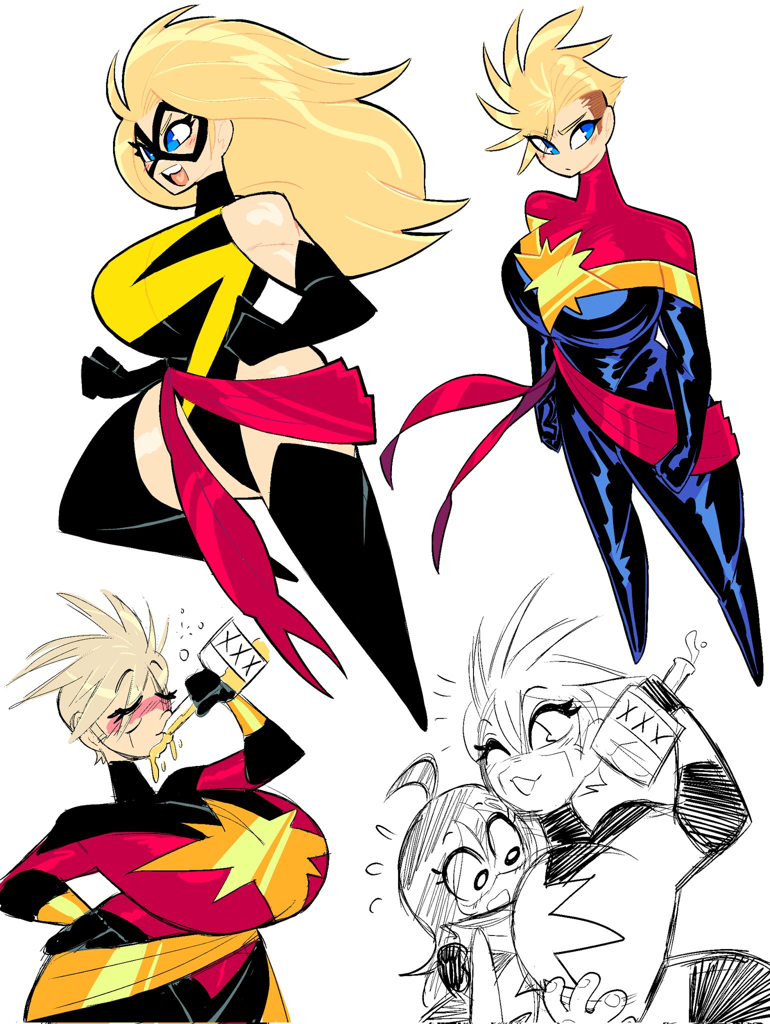 2girls, alcohol, big breasts, blonde hair, breasts, busty, captain marvel, carol danvers, domino mask, drinking, female, female only, giant breasts, huge breasts, ilikestuffdoyou, kamala khan, marvel, marvel comics, massive breasts, ms. marvel, ms. marvel (carol danvers), ms. marvel (kamala khan), multiple females, multiple girls, superheroine, tagme, theguywhodrawsalot