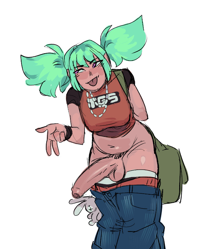 1dickgirl, 2d, bag, balls, belly, bent over, big penis, bracelet, catgrrrlriot, chubby, chubby futa, clothed, clothed futa, clothing, color, colored, colored hair, dickgirl, feet out of frame, foreskin, futa only, futanari, green hair, harajuku, huge cock, hung, hung futa, hung transfem, intersex, large penis, light skin, light-skinned futa, mostly clothed, necklace, orange shirt, original character, pants down, penis, posing, pubic hair, simple background, smooth balls, smooth penis, solo, streetwear, testicles, tongue, tongue out, trans woman, transfem, twin buns, uncircumcised, uncut, y2k