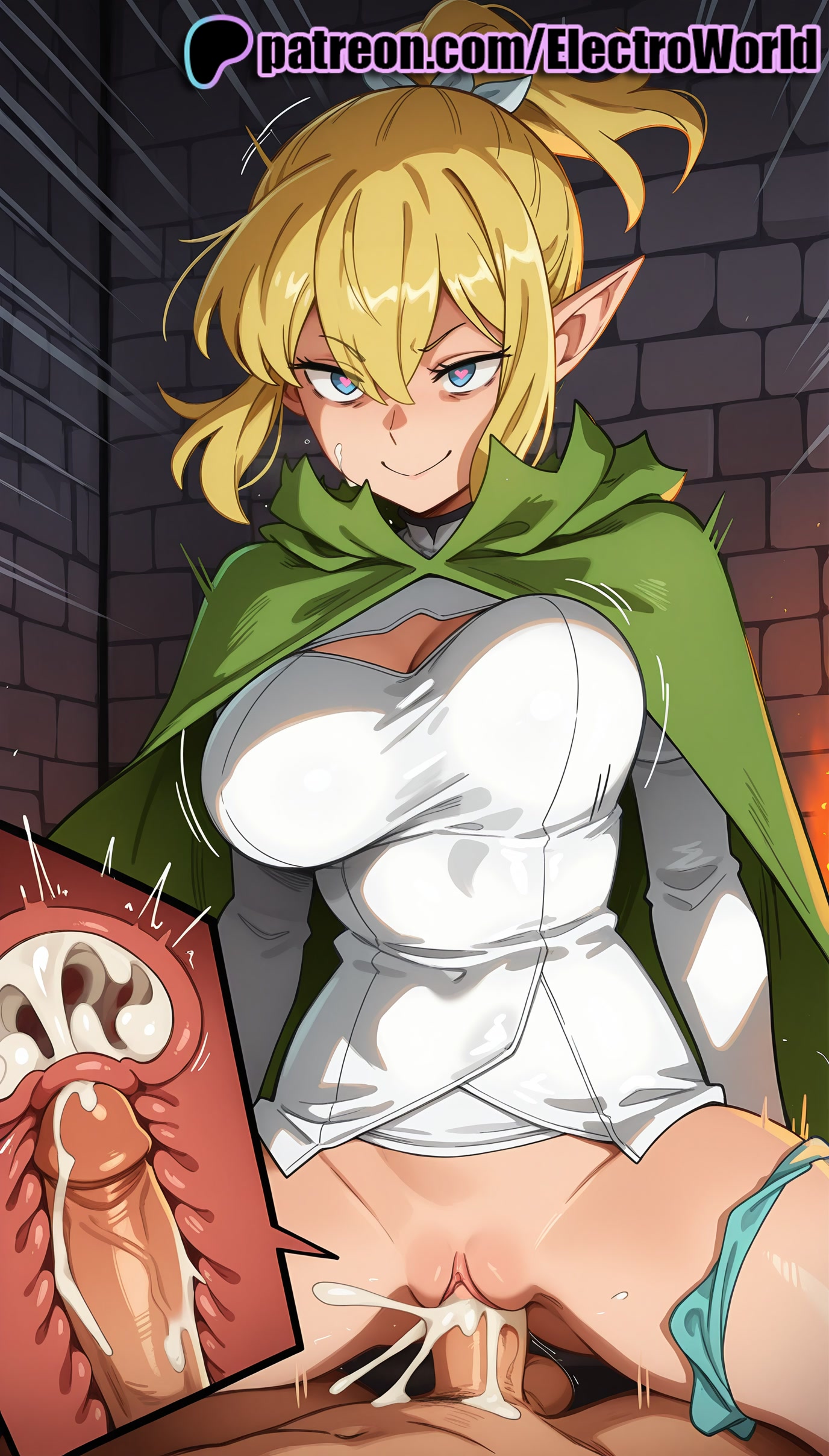 1boy, 1girls, 2025, ai generated, artist name, blonde hair, breasts, brick wall, bust, cape, cervix, chest, clit, clitoral hood, clitoris, clothed sex, cock, cowgirl position, cross section, cum, cum in pussy, cum inside, dick, dungeon ni deai wo motomeru no wa machigatteiru darou ka, ejaculation, electroworld, exposed clitoris, exposed pussy, female, female on top, fucking, heart-shaped pupils, hi res, high quality, high resolution, highres, intercourse, internal cumshot, juicy pussy, legs apart, legs spread, love making, male, open legs, overflow, panties, panties around one leg, patreon, patreon username, penetration, penis, pointy ears, pov, pussy, riding, ryuu lion, sex, sexual intercourse, solo focus, splayed legs, spread legs, stable diffusion, straddling, straight, symbol-shaped pupils, tight pussy, tile floor, tiles, uncensored, underwear, uterus, vagina, vaginal penetration, watermark, x-ray