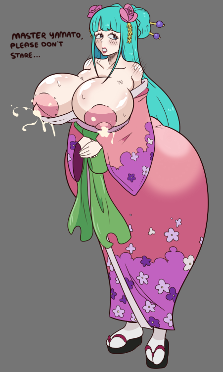 2d, blue hair, blush, breasts, clothing, embarrassed, english text, female, female only, huge breasts, kozuki hiyori, lactating, lactation, leaking milk, long hair, massive breasts, milk, nipple slip, nipples, one piece, piratebay, shiny skin