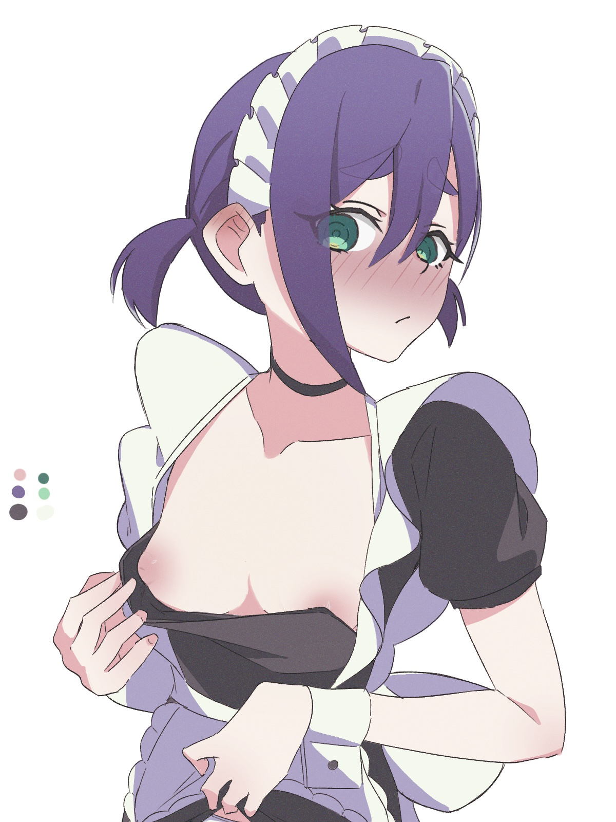 1girls, blush, breasts, female, female focus, female only, flashing, flashing breasts, green eyes, haraga kurumi, kimi no koto ga dai dai dai dai daisuki na 100-nin no kanojo, light skin, looking at viewer, maid, maid headdress, maid uniform, medium breasts, pink nipples, pizzayanopunch, purple hair, undressing, white background