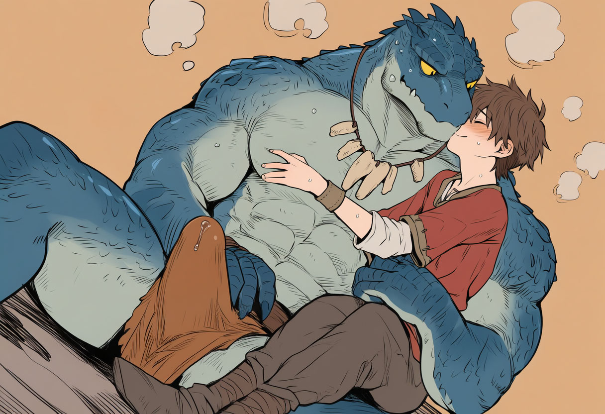 2boys, abs, age difference, ai generated, anthro, anthro on human, bara, big dom small sub, big muscles, big pecs, big penis, blue body, blush, daddy, ddkk, dilf, duo, erection, fangs, gay, holding partner, hug, huge muscles, huge pecs, human, human on anthro, hunk, interspecies, intimate, larger anthro, larger male, lizard, lizardman, loincloth, male, male focus, male only, male/male, muscles, muscular, muscular anthro, muscular male, navel, older anthro, older anthro younger human, older male, older man and younger boy, older on young, pecs, penis, reptile, romantic, romantic couple, scalie, size difference, smaller human, smaller male, sweat, topless, topless male, tribal, tribal jewelry, yaoi, younger human, younger male