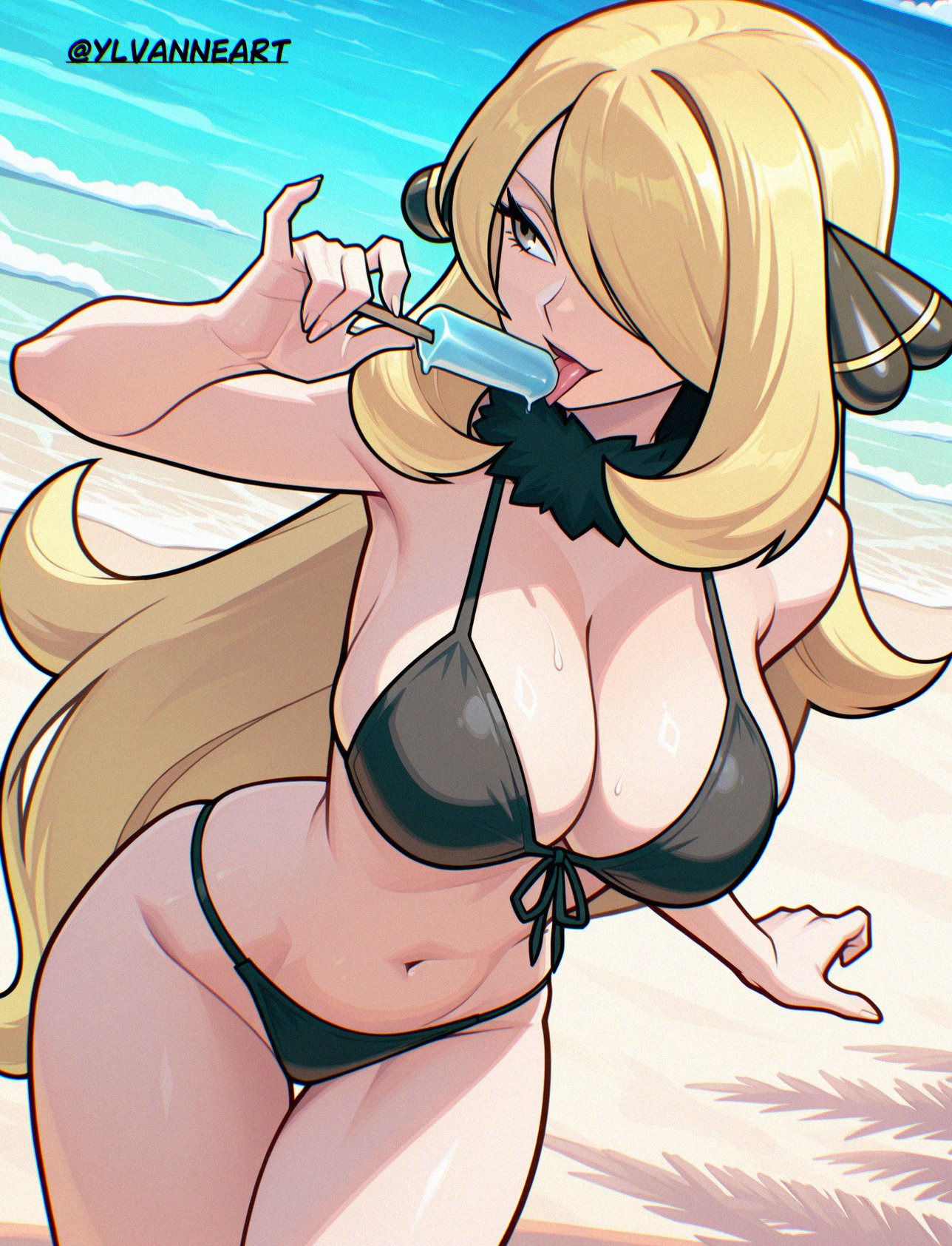 1girls, ai generated, bikini, black bikini, blonde hair, breasts, cloud, collarbone, cynthia (pokemon), day, female, female only, food, fur collar, hair ornament, hair over one eye, highres, holding, holding food, holding popsicle, large breasts, long hair, navel, nintendo, ocean, pokemon, pokemon dppt, popsicle, solo, swimsuit, tongue, tongue out, very long hair, ylvanne