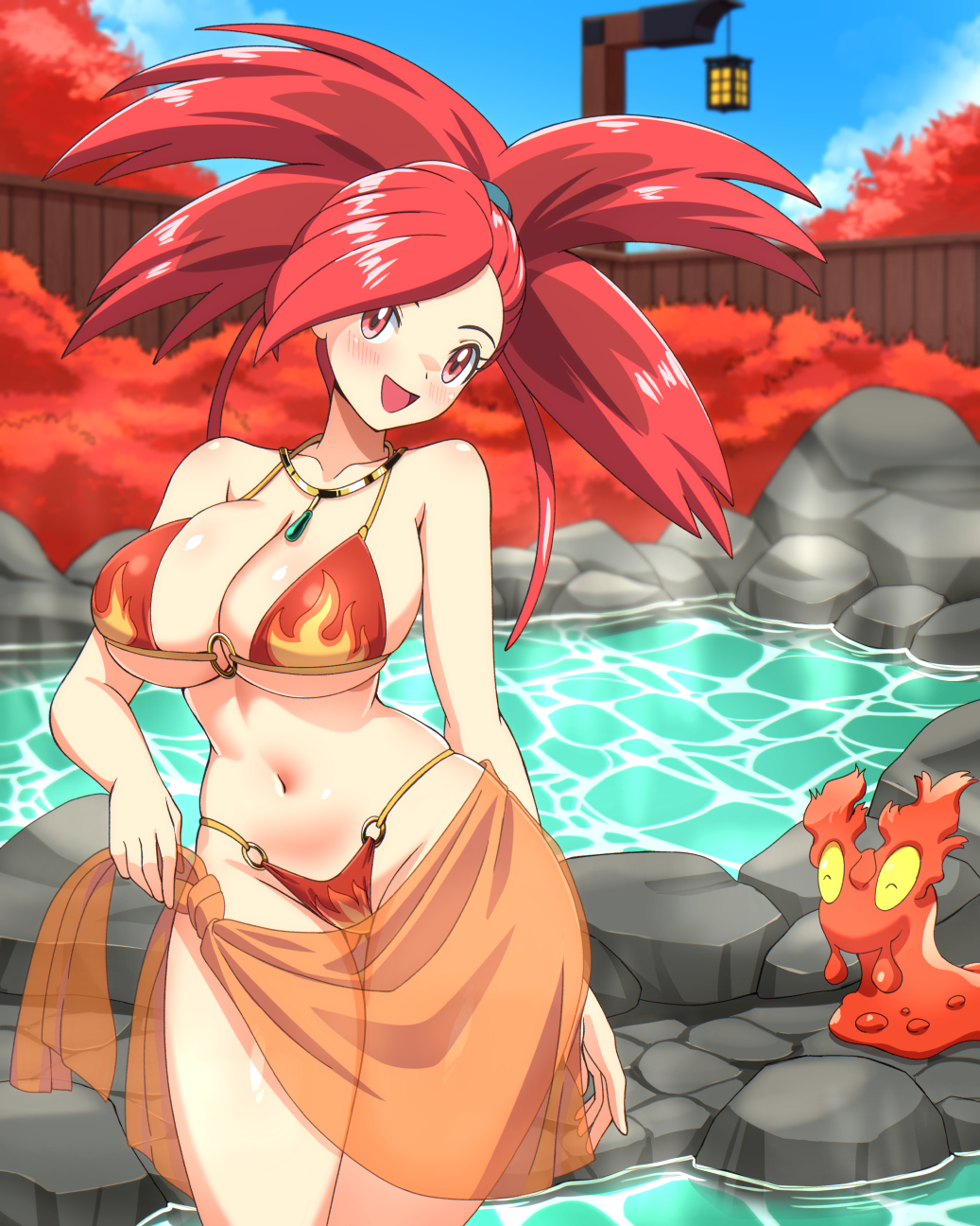 1girls, alternate costume, ass visible through thighs, bare arms, bare belly, bare shoulders, belly button, big breasts, bikini, blush, body blush, breasts, cleavage, collarbone, female, flannery (pokemon), game freak, hot spring, long hair, necklace, nintendo, onsen, open mouth, outdoors, pokemon, pokemon rse, red bikini, red eyes, red hair, sarong, see-through sarong, slugma, smile, standing, thick thighs, thighs, underboob, water, zuchysdraws