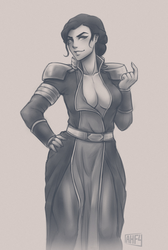 1girls, avatar legends, breasts, cleavage, clothing, earth kingdom, female, female only, k-y-h-u, kuvira, medium breasts, mole, mole under eye, monochrome, nickelodeon, smile, smooth skin, solo, standing, the legend of korra