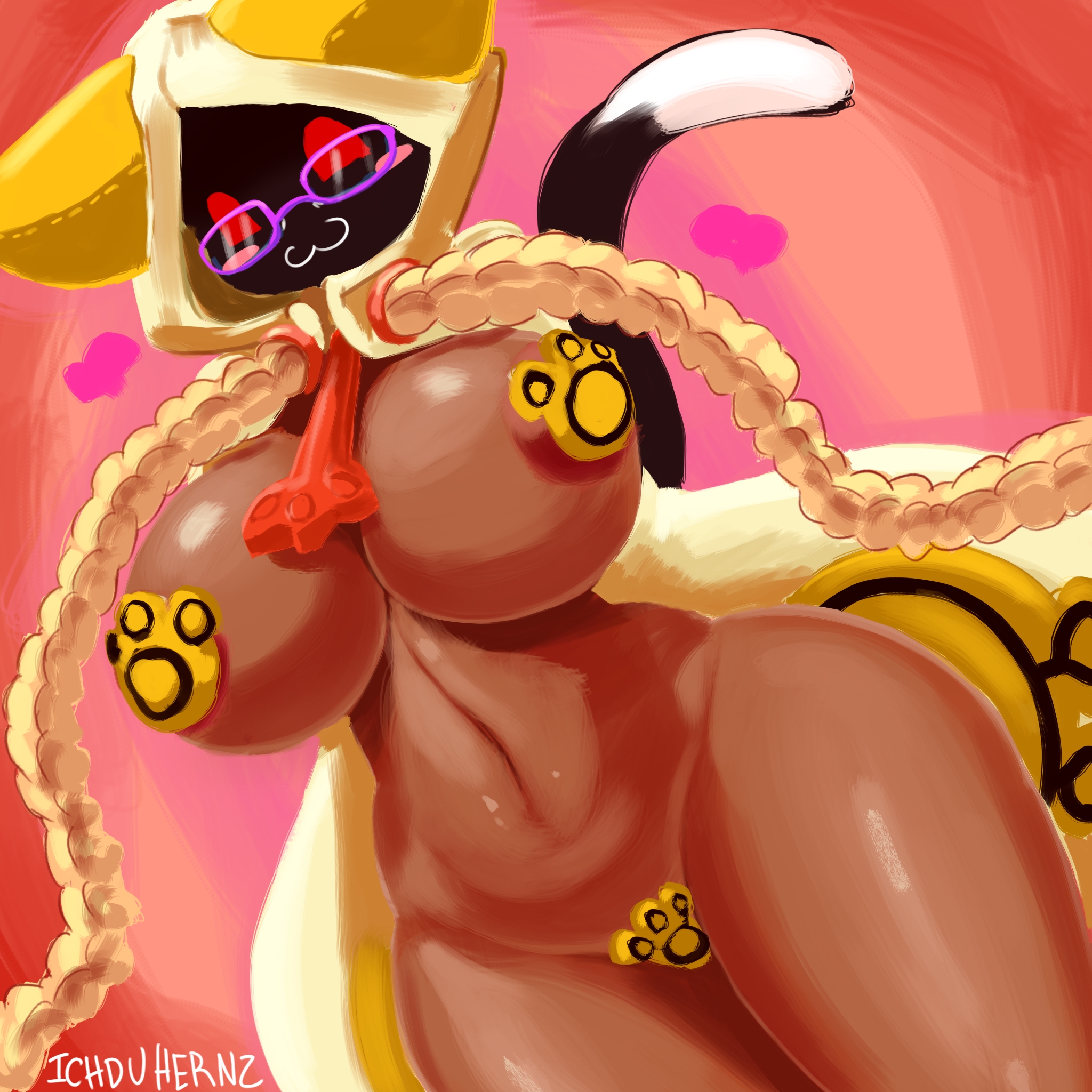 :3, 1girls, 2020, abstract background, animal humanoid, arc system works, areola, artist name, big breasts, black tail, blazblue, blush, blush stickers, braided hair, breasts, brown areola, brown body, brown breasts, brown skin, cat humanoid, clothing, digital media (artwork), dipstick tail, eyewear, felid, felid humanoid, feline, feline humanoid, female, female humanoid, furry, glasses, glistening, glistening breasts, glistening legs, glistening thighs, hair, half-closed eyes, heart symbol, hi res, hoodie, huge breasts, humanoid, ichduhernz, kaka (blazblue), maebari, mammal, mammal humanoid, markings, mostly nude female, mostly nude humanoid, narrowed eyes, navel, painting (artwork), pasties, pink blush, purple eyewear, purple glasses, purple heart, red eyes, shaded, shadow face, smile, solo, solo female, tail, tail markings, tan clothing, tan hair, tan hoodie, tan topwear, taokaka, text, thick thighs, topwear, twin braids, twintails, watermark, wearing glasses, white tail tip, white text, wide hipped female, wide hipped humanoid, wide hips, yellow pasties