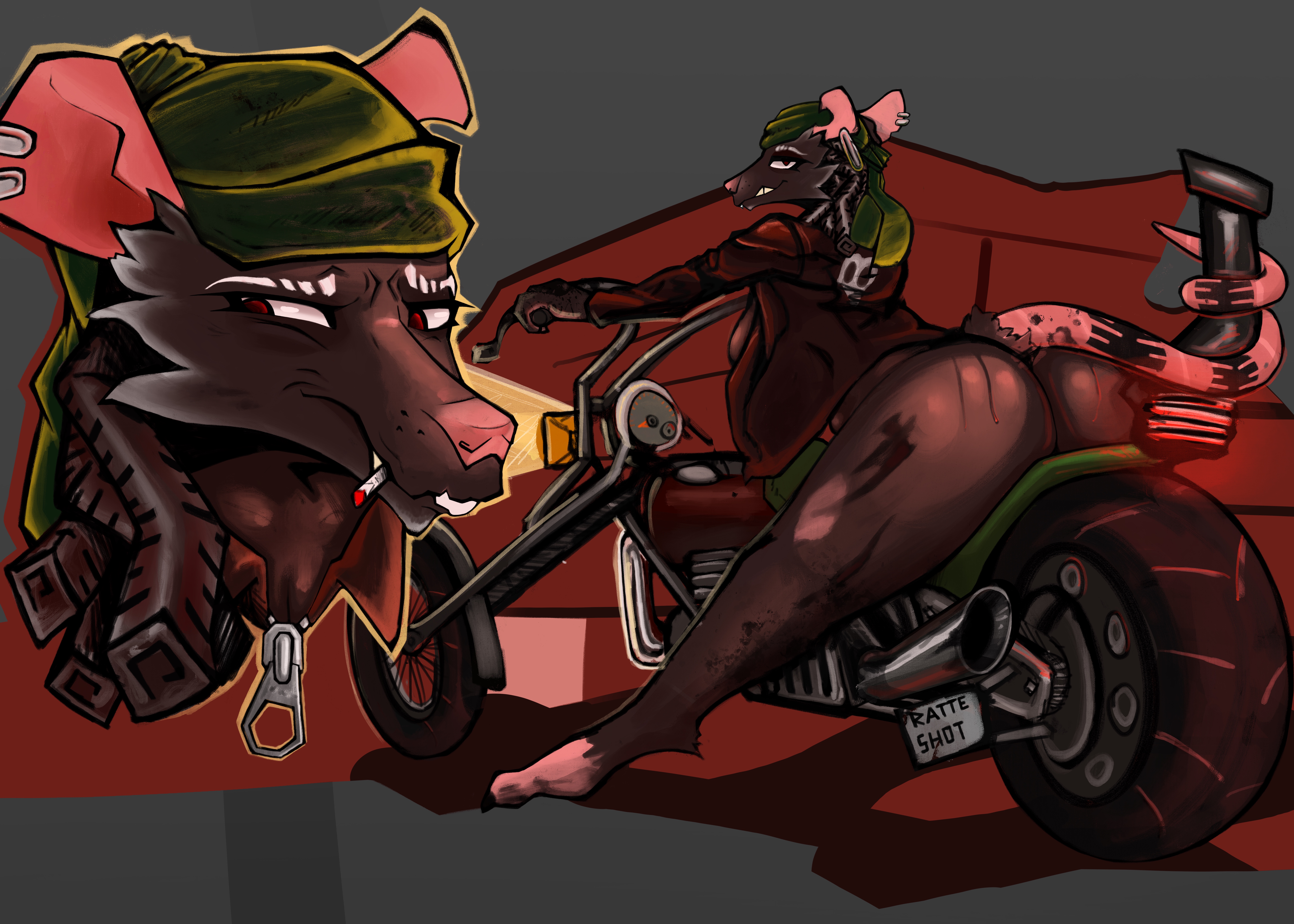 absurd res, anthro, ass, biker, bottomless, breasts, butt focus, clothed, clothing, dirty, female, hi res, jacket, jacket only, kerchief, mammal, motorcycle, murid, murine, nude, oil, pariah rytter, pepperuranus, piercing, rat, red eyes, rodent, smoking, solo, tail, tired eyes, topwear, topwear only, vehicle