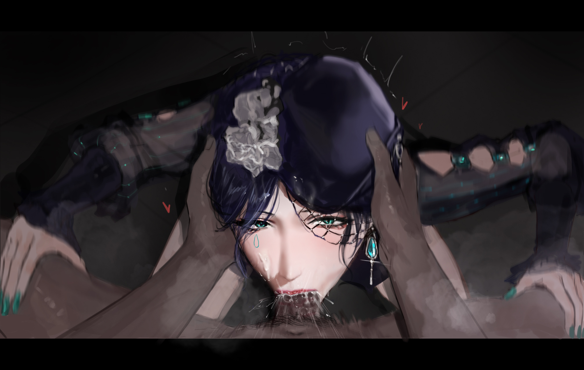 black hair, blowjob, dark skin, dark-skinned male, female, hi res, interracial, jelena (path to nowhere), looking at viewer, male, milf, no bra, no panties, path to nowhere, pubes, pubic hair, sawaki ken, sawakiken, tight clothing