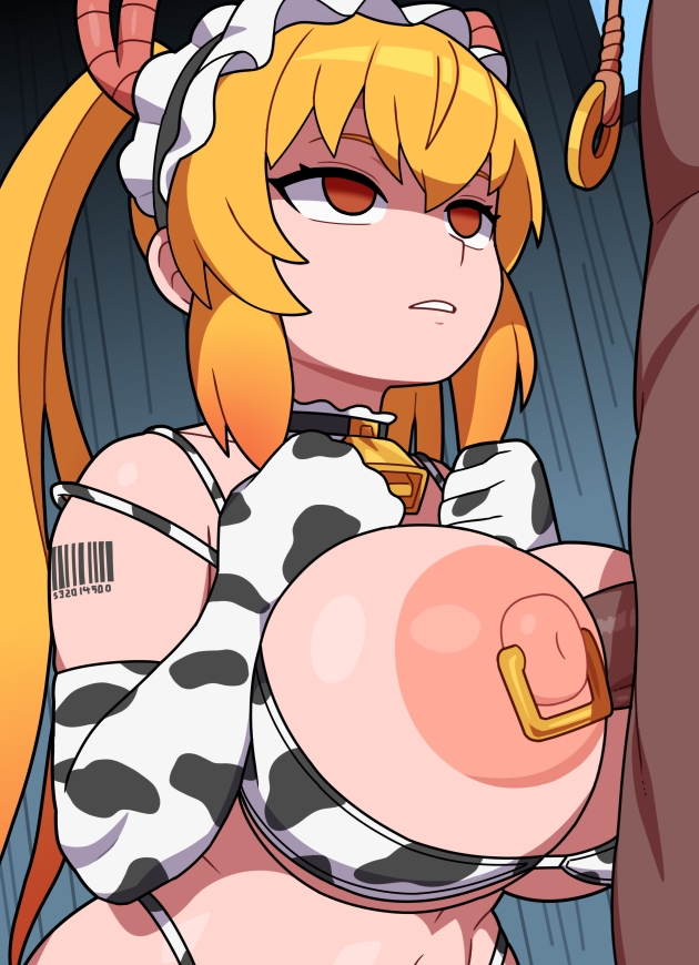 1boy, 1girls, areola slip, bedroom, bikini, blonde hair, blush, boobjob, breasts, cow print, cow print bikini, female, female focus, gloves, huge breasts, hypnosis, kabeume, large breasts, long hair, maid, maid headdress, makarou, male, male/female, miss kobayashi's dragon maid, paizuri, tohru (dragon maid), twintails