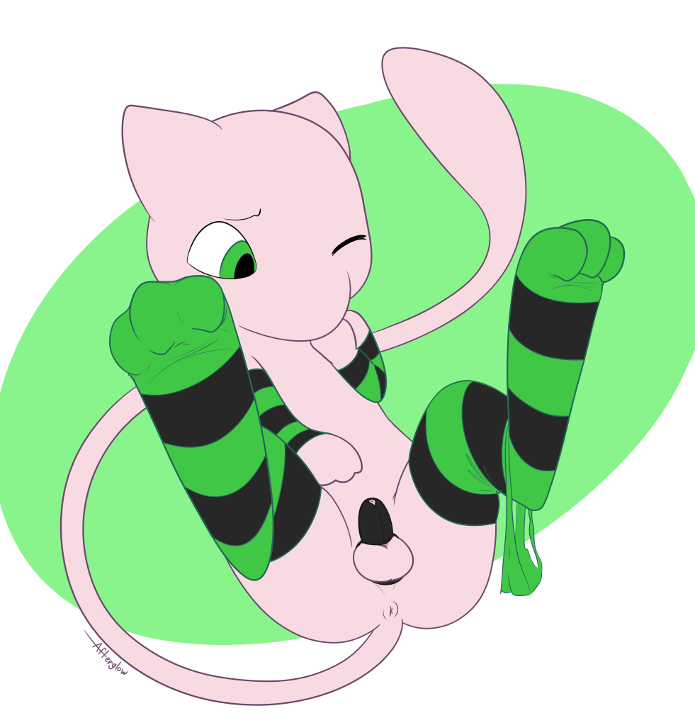 2015 afterglow_ampharos anus arm_warmers ass balls big_feet cameo_(javeloz) chastity chastity_cage chastity_device detached_sleeves digitigrade feral furry green_eyes legs_up long_tail looking_down lying male male_chastity mew nintendo on_back one_eye_closed panties panties_down penis pokemon pokemon_(species) solo striped striped_footwear striped_legwear striped_sleeves thigh_highs uncut underwear