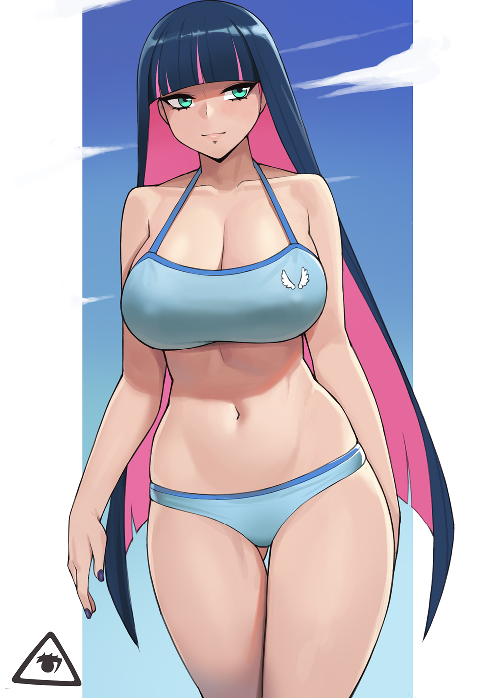 1girls, ass visible through thighs, bikini, blue eyes, blue hair, blue swimsuit, breasts, colored inner hair, donburi (donburikazoku), donburikazoku, female, hime cut, large breasts, long hair, midriff, multicolored hair, nail polish, navel, nipple bulge, nipples visible through clothing, panty & stocking with garterbelt, pink hair, solo female, sports bra, stocking anarchy, swimsuit, swimwear, thick thighs, voluptuous female