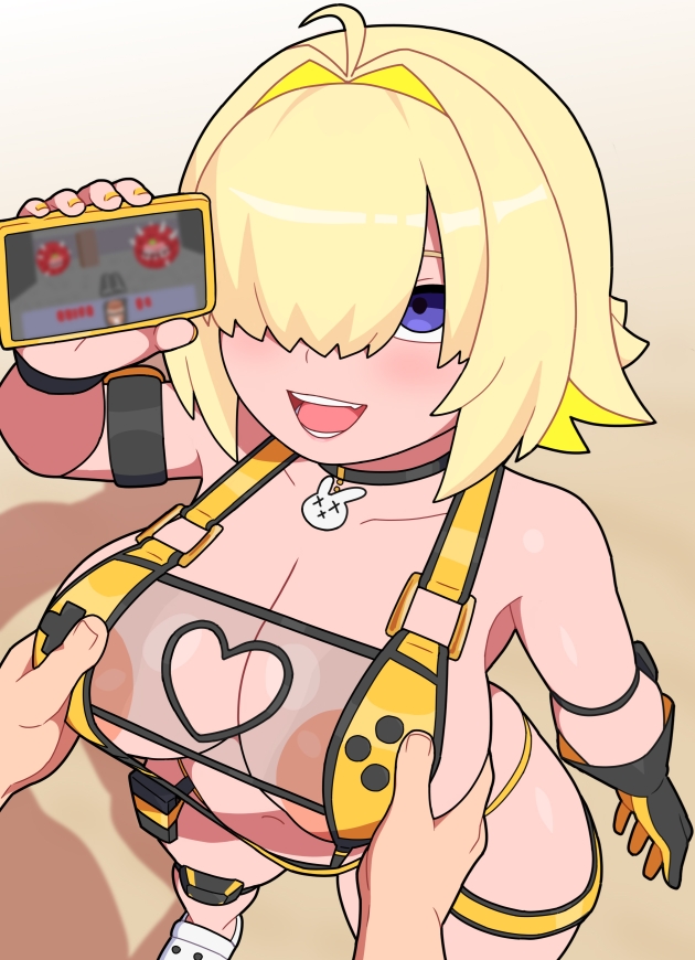 1boy, big breasts, blonde hair, breast grab, breasts, clothing cutout, commander (nikke), doom, double breast grab, elegg (boom and shock) (nikke), elegg (nikke), female, game controller nipples (meme), game controller print, goddess of victory: nikke, hair over eyes, heart cutout, highres, implied bestiality, kabeume, male, meme, one-piece swimsuit, rabbit choker, see-through clothes, see-through one-piece swimsuit, see-through slingshot swimsuit, slingshot swimsuit, smile, straight, swimsuit, two-tone background, white background, yellow one-piece swimsuit, yellow slingshot swimsuit