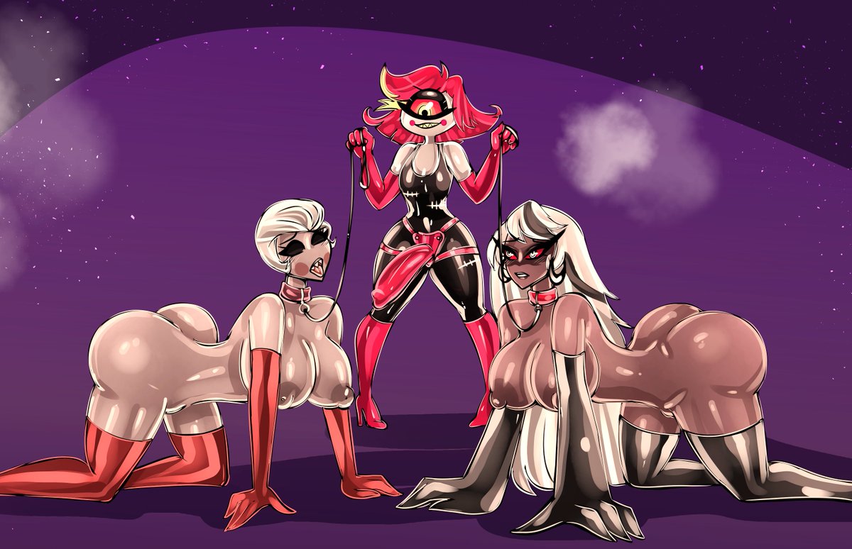 all fours, ass, big ass, big breasts, bitterbunz, breasts, bubble ass, bubble butt, carmilla carmine, clothed female nude female, collar, cyclops, cyclops girl, dildo, dominant female, dominatrix, dubious consent, elbow gloves, evil grin, fangs, female, female only, femdom, happy dom, harness, hazbin hotel, latex, latex gloves, latex leotard, leash, leash and collar, leotard, looking at another, looking pleasured, multiple subs, niffty, petplay, red latex, rosie (hazbin hotel), shortstack , strap-on, strapon, submissive female, trio, yuri