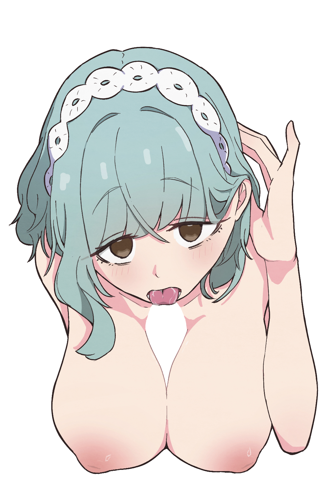 1girls, alternate version available, big breasts, blue hair, breasts, brown hair, female, female focus, hair ornament, kimi no koto ga dai dai dai dai daisuki na 100-nin no kanojo, licking penis, light skin, looking at viewer, male, naked, nemui nemu, paizuri, penis, pink nipples, pizzayanopunch, tucking hair back, white background