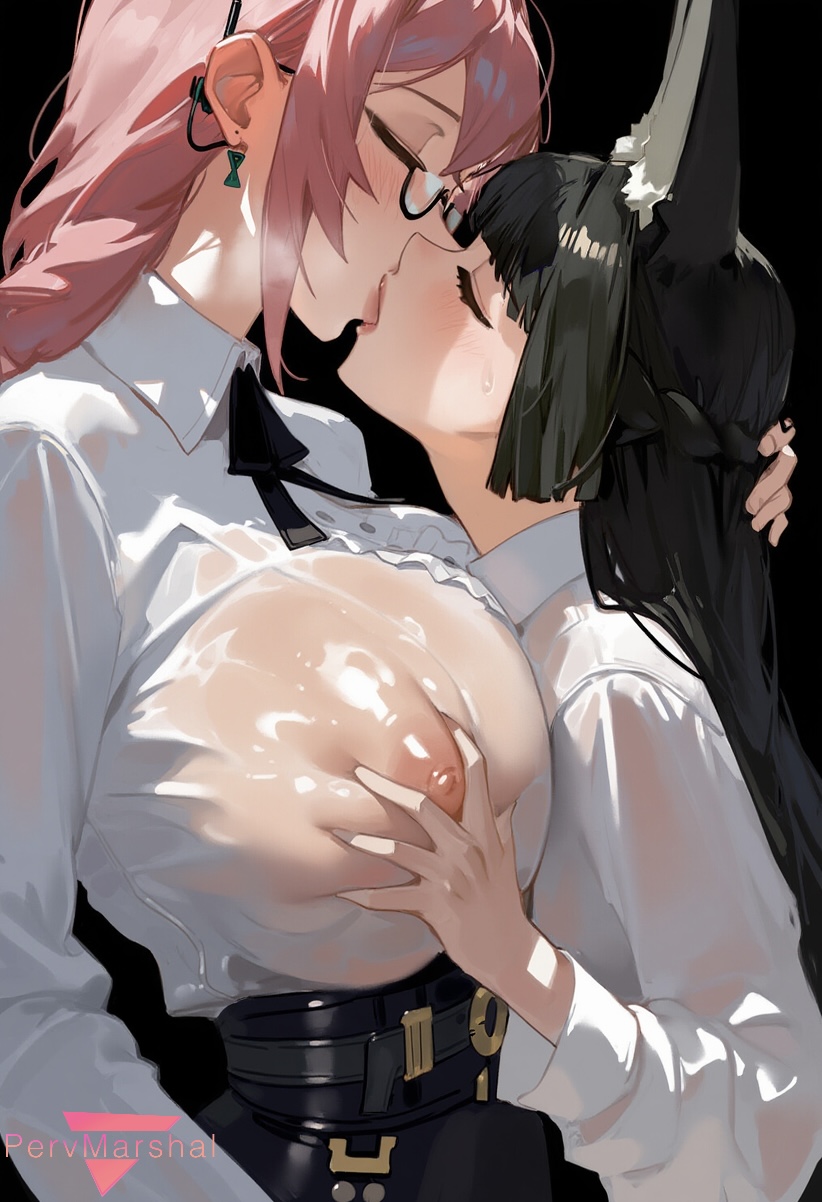 2girls, ai generated, animal ears, breast grab, breasts, covered nipples, female, female only, hoshimi miyabi, kissing, marshalperv, pervmarshal, pink hair, see-through, see-through clothing, shiny skin, tsukishiro yanagi, upper body, yuri, zenless zone zero