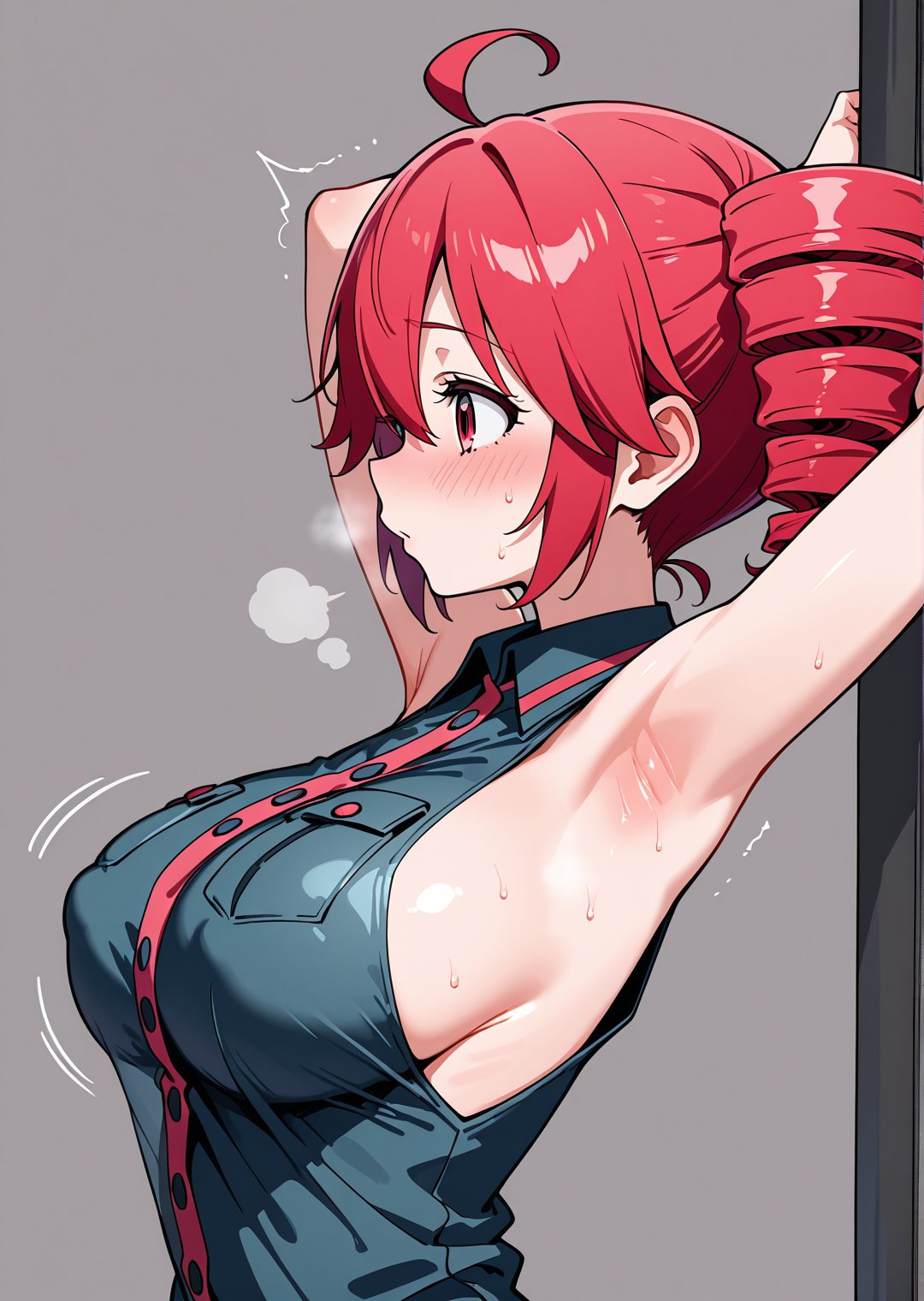 1girls, ahoge, ai generated, armpit crease, armpit fetish, armpits, arms up, big breasts, blush, blush lines, breasts, breath cloud, clothed, clothed female, clothing, erect nipples, erect nipples under clothes, female, female only, fully clothed, grey background, huge breasts, kasane teto, large breasts, looking to the side, motion lines, nipple bulge, nipples visible through clothing, no bra, red eyes, red hair, setzerstaffel, side view, sideboob, simple background, skinny, skinny female, slim female, slim waist, solo, solo female, steam, steaming body, sweat, sweating, sweaty armpits, tight clothing, top heavy, tremble spikes, trembling, twin drills, upper body, upper body focus, utau