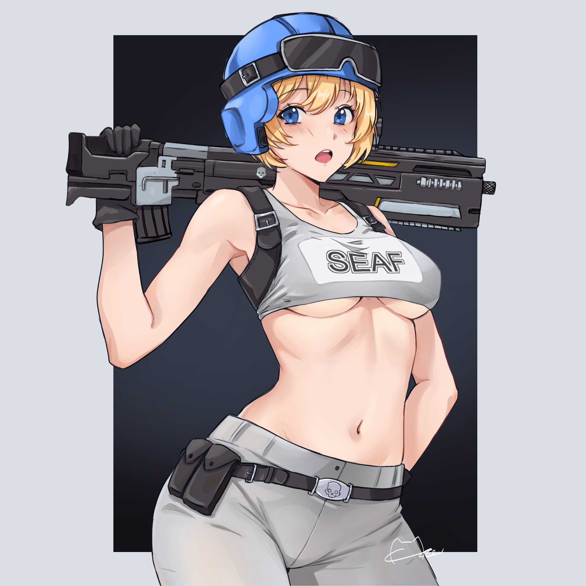 1girls, assault rifle, blonde hair, blue eyes, breasts, bullpup, female, gloves, goggles on head, grey sports bra, gun, hand behind head, helldivers, helldivers 2, helmet, medium breasts, meowyin, midriff, military uniform, navel, pants, seaf soldier (helldivers), seaf-chan, signature, solo, sports bra, underboob, variant set