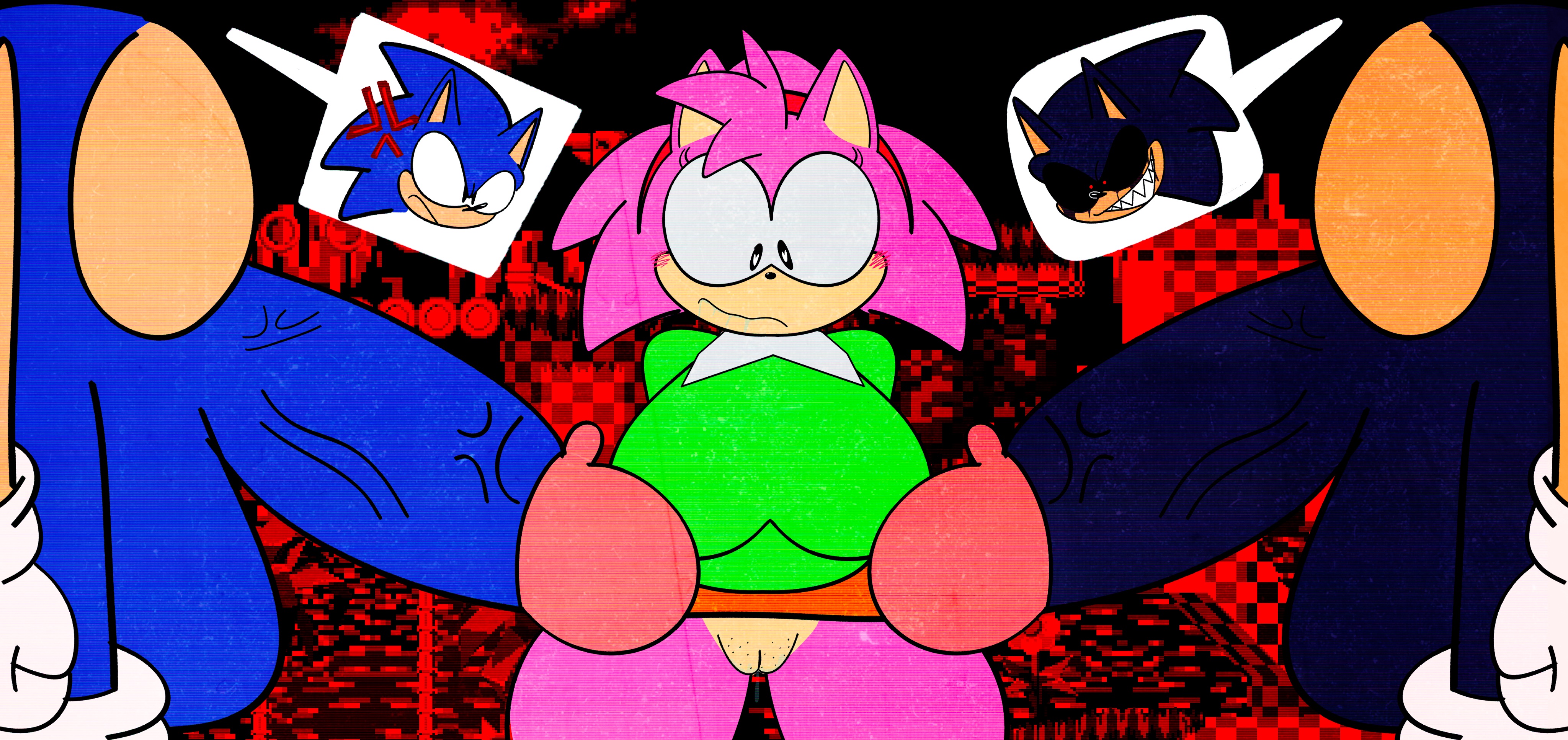 2025, afterdarkcircus, amy rose, anger vein, angry expression, angry face, bleeding eyes, blush, blushing female, bottomless, bottomless female, bottomless male, classic amy rose, classic sonic, comparing penis, comparing sizes, faceless male, female, first porn of character, friday night funkin, friday night funkin mod, green hill zone, green shirt, hair accessory, hair ornament, heart eyes, hung, male, male/male/female, penis, poison (sonic originals), red background, red eyes, red hairband, sharp teeth, sonic (series), sonic originals, sonic the hedgehog, sonic.exe, sonic.exe (series), speech bubble, thick thighs, veiny penis, white gloves