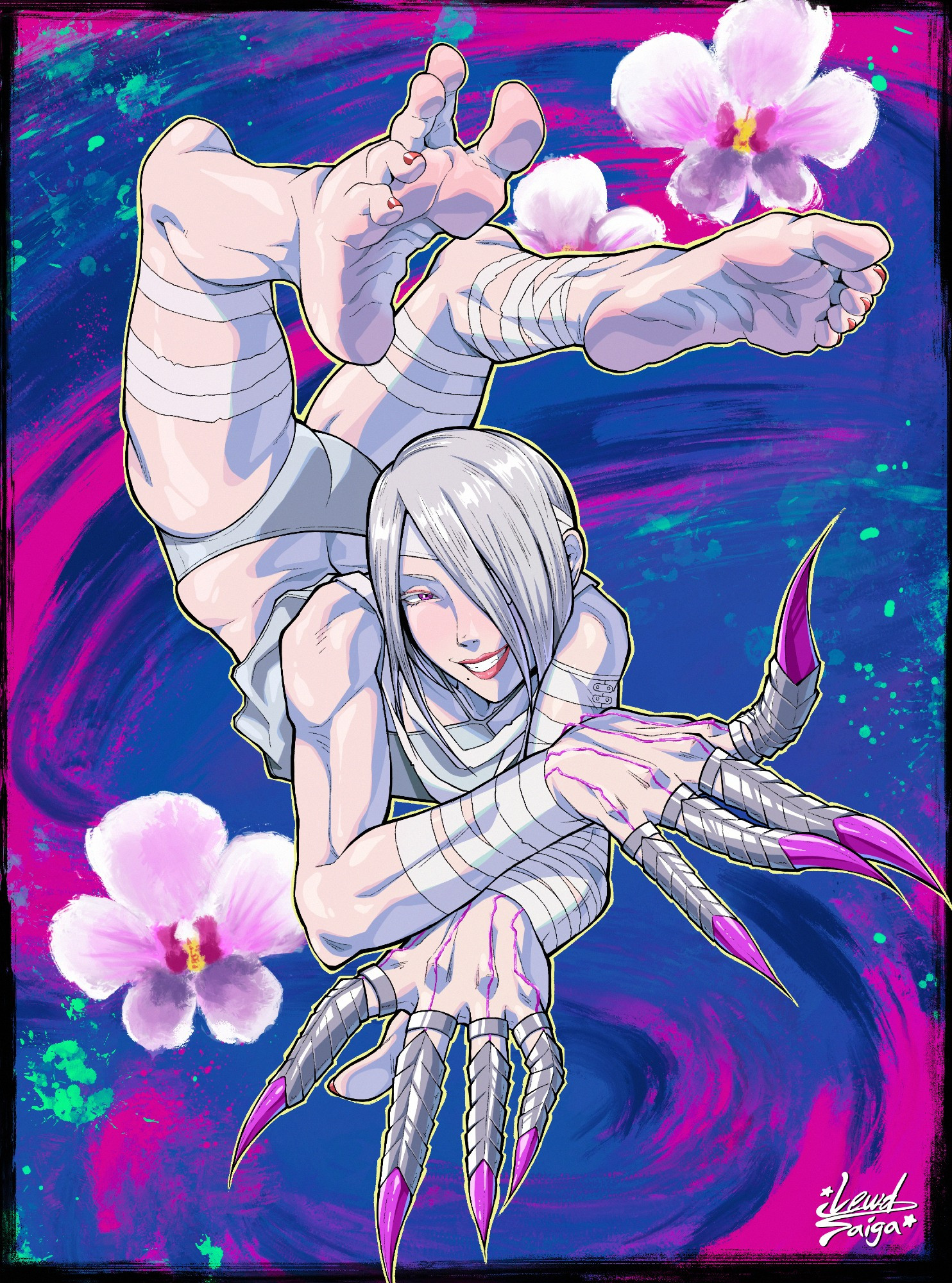 a.k.i., barefoot, capcom, feet, female, flexible, foot fetish, huge feet, lewdsaiga, painted toenails, scorpion pose, soles, spreading toes, street fighter, street fighter 6, white hair, wrinkled feet, wrinkled soles