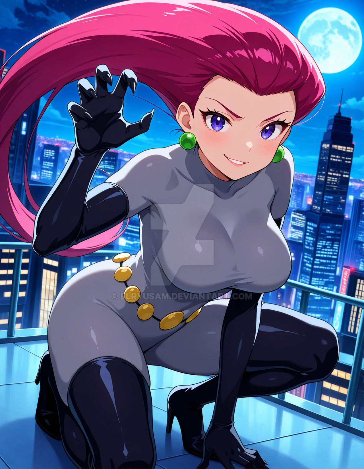 2025, 4kids entertainment, ai generated, anime, batman (series), black gloves, black heels, catwoman, catwoman (cosplay), city background, dc, dc comics, deviantart, elryusam, evil grin, evil smile, female, green earrings, grinning at viewer, jessie (pokemon), looking at viewer, meta, nintendo, not porn, paw pose, pawing, pink cheeks, pink eyebrows, pink-haired female, pokemon, purple-eyed female, smile at viewer, smiling at viewer, squatting position, team rocket, teeth showing
