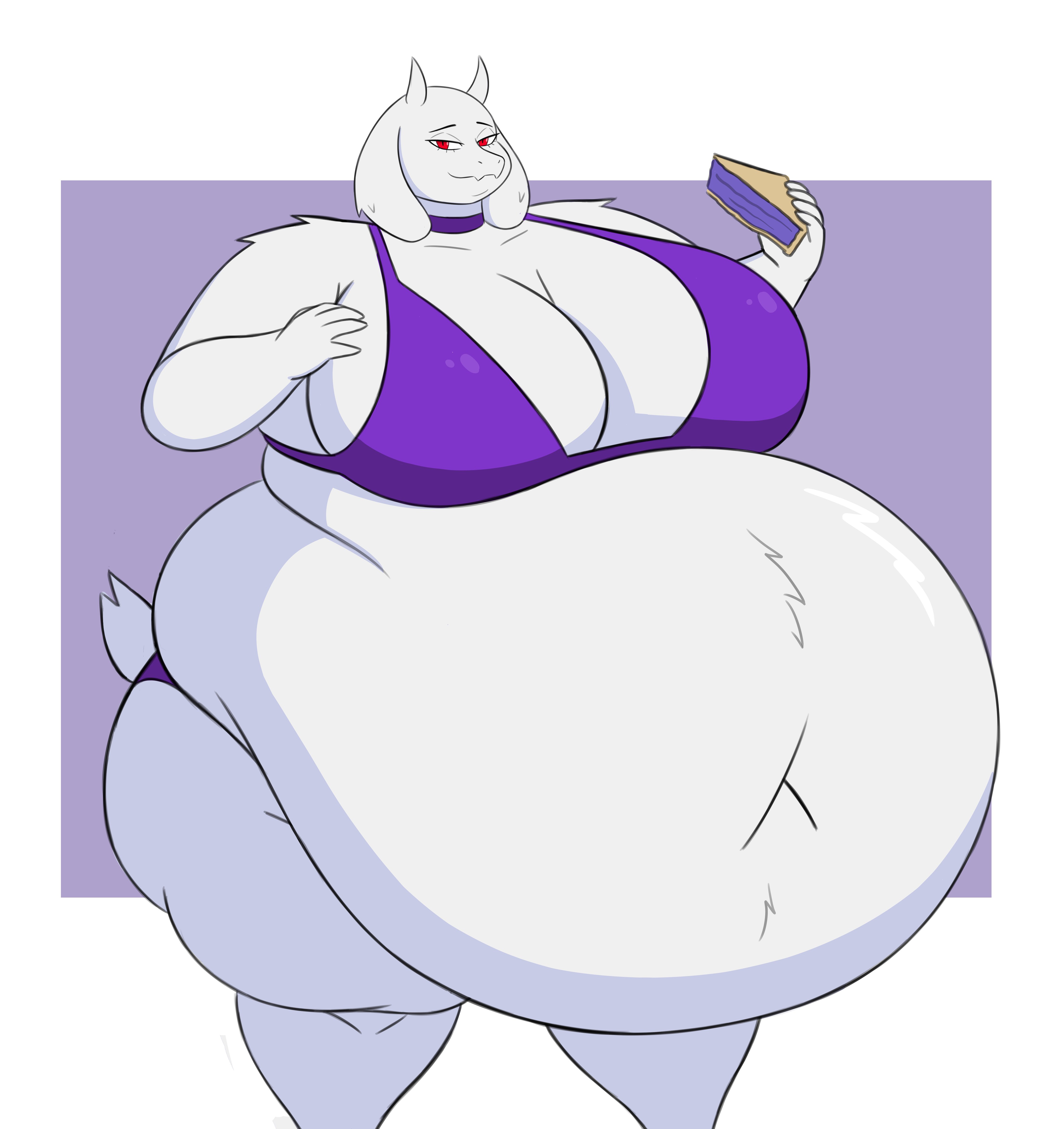 absurd res, anthro, belly, big belly, big breasts, boss monster (undertale), bovid, bra, breasts, caprine, clothing, female, food, fur, goat, hi res, holding food, holding object, huge belly, huge breasts, hyper, hyper belly, looking at viewer, mammal, mizz-britt, morbidly obese, morbidly obese female, obese, obese female, overweight, overweight female, panties, pastry, pie, purple bra, purple clothing, purple panties, purple underwear, red eyes, simple background, solo, toriel, undertale, undertale (series), underwear, white background, white body, white fur
