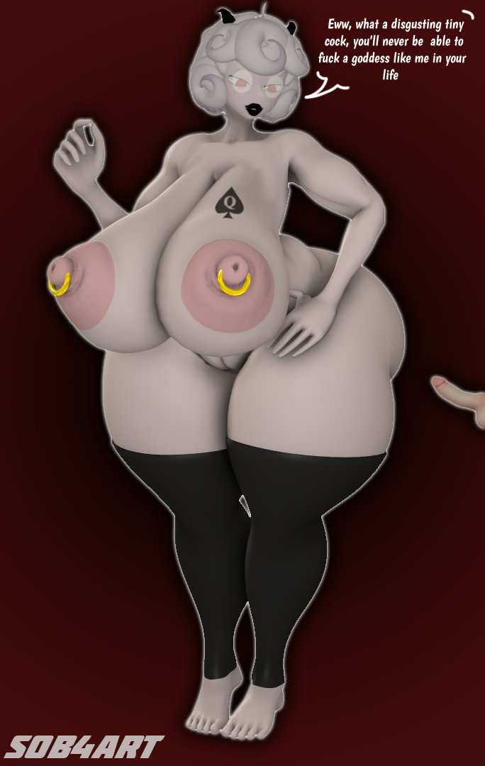 1boy, 1girls, areolae, big lips, black leggings, black lips, black lipstick, demon, demon girl, demon horns, dick, english text, female, female focus, glasses, helltaker, horns, hyper, leggings, lips, male, naked, nipples, nude, pandemonica (helltaker), penis, piercing, pink eyes, queen of spades symbol, small penis, small penis humiliation, sob4art, tattoo, text, white hair, white skin