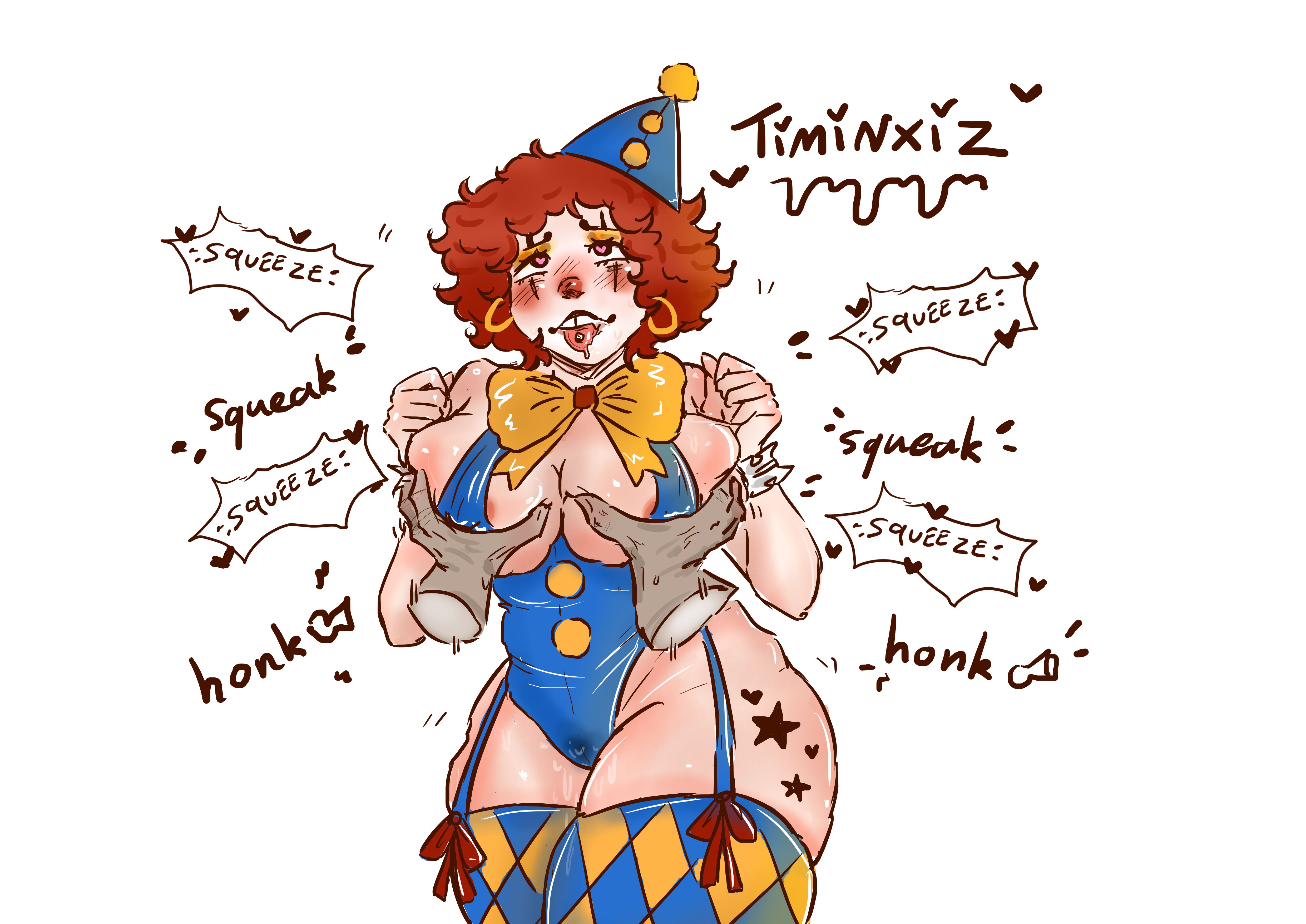 ahe gao, areola, big breasts, bodysuit, breasts, clothed, clown, clown costume, clown girl, clown makeup, clussy, cnc, female, fuck toy, groping breasts, heart-shaped pupils, honkah, honkah (timinxiz), honkah the clown, honking tits, horny female, original, original art, original character, pussy, red head, short hair, squeaking tits, squeezing breasts, thick thighs, timinxiz , tongue, tongue out, tongue piercing, wet pussy
