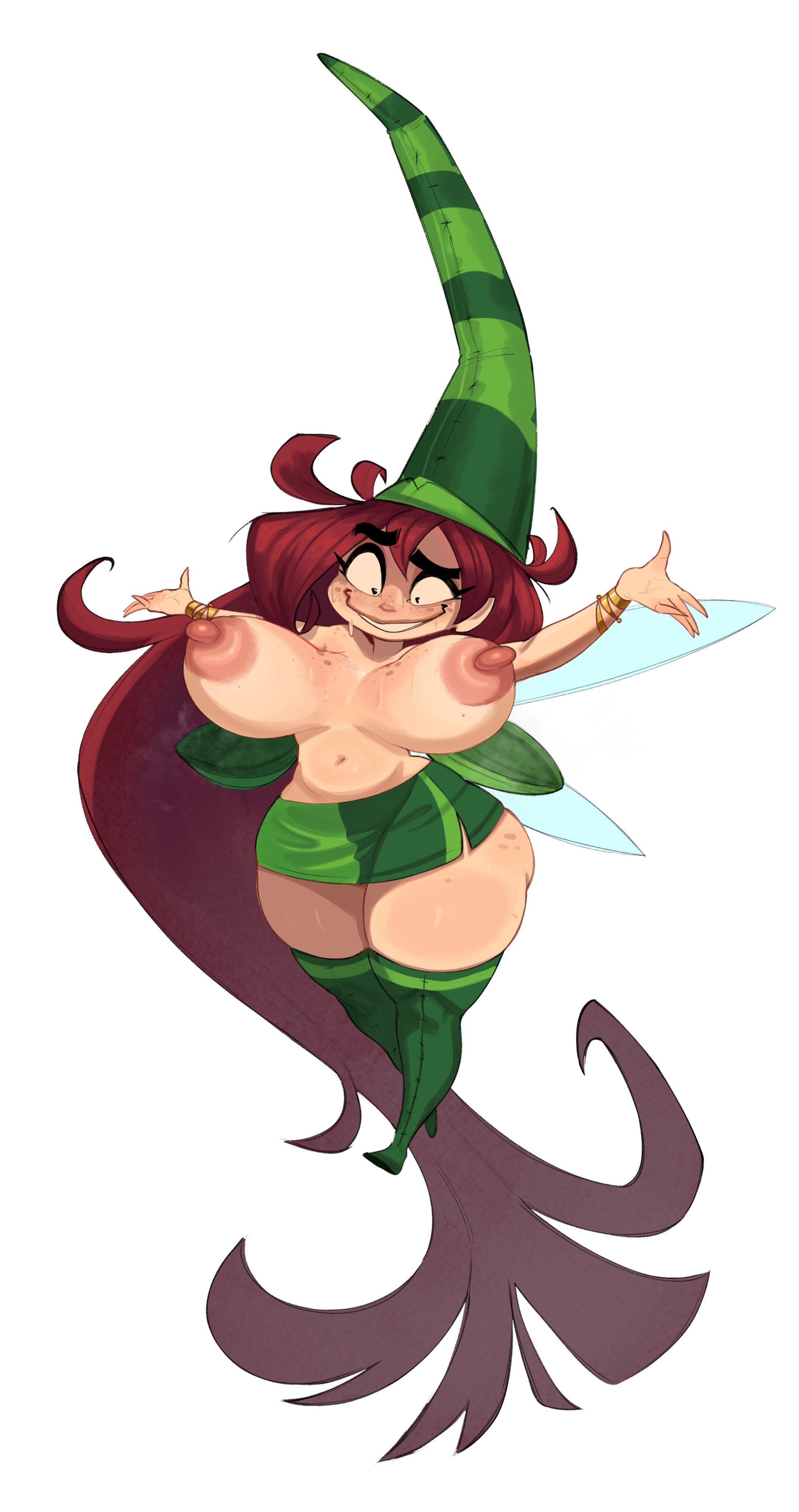 1girls, armpits, ass, betilla (rayman), black eyes, bouncing breasts, breasts, female, female focus, freckles, grin, hat, huge ass, huge breasts, large breasts, long hair, monugi doodles (artist), nipples, nymph (rayman), rayman (series), rayman origins, red hair, solo, solo female, solo focus, thick thighs, ubisoft, wardrobe malfunction, wings