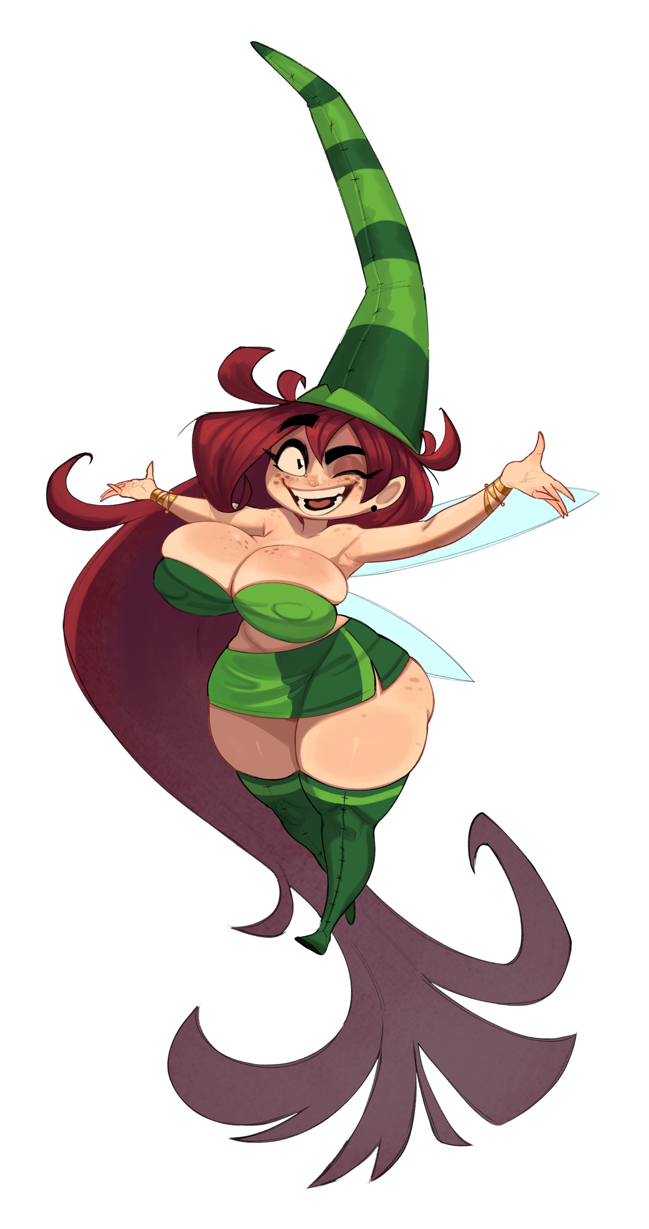 1girls, armpits, ass, betilla (rayman), black eyes, breasts, cleavage, erect nipples under clothes, female, female focus, freckles, grin, hat, huge ass, huge breasts, large breasts, long hair, monugi doodles (artist), nymph (rayman), rayman (series), rayman origins, red hair, smile, solo, solo female, solo focus, thick thighs, ubisoft, wings, wink