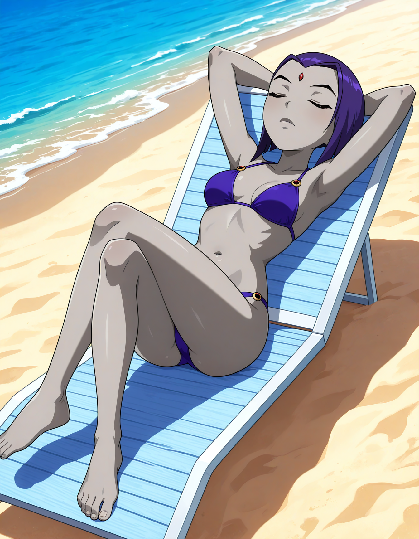 2025, ai generated, beach background, belly, black eyebrows, cartoon network, closed eyes, closed mouth, dc, dc comics, dcau, deviantart, elryusam, female, forehead jewel, grey body, grey skin, jewel on forehead, lying on chair, meta, not porn, purple bikini, purple-haired female, raven (dc), raven (teen titans), teen titans, tummy