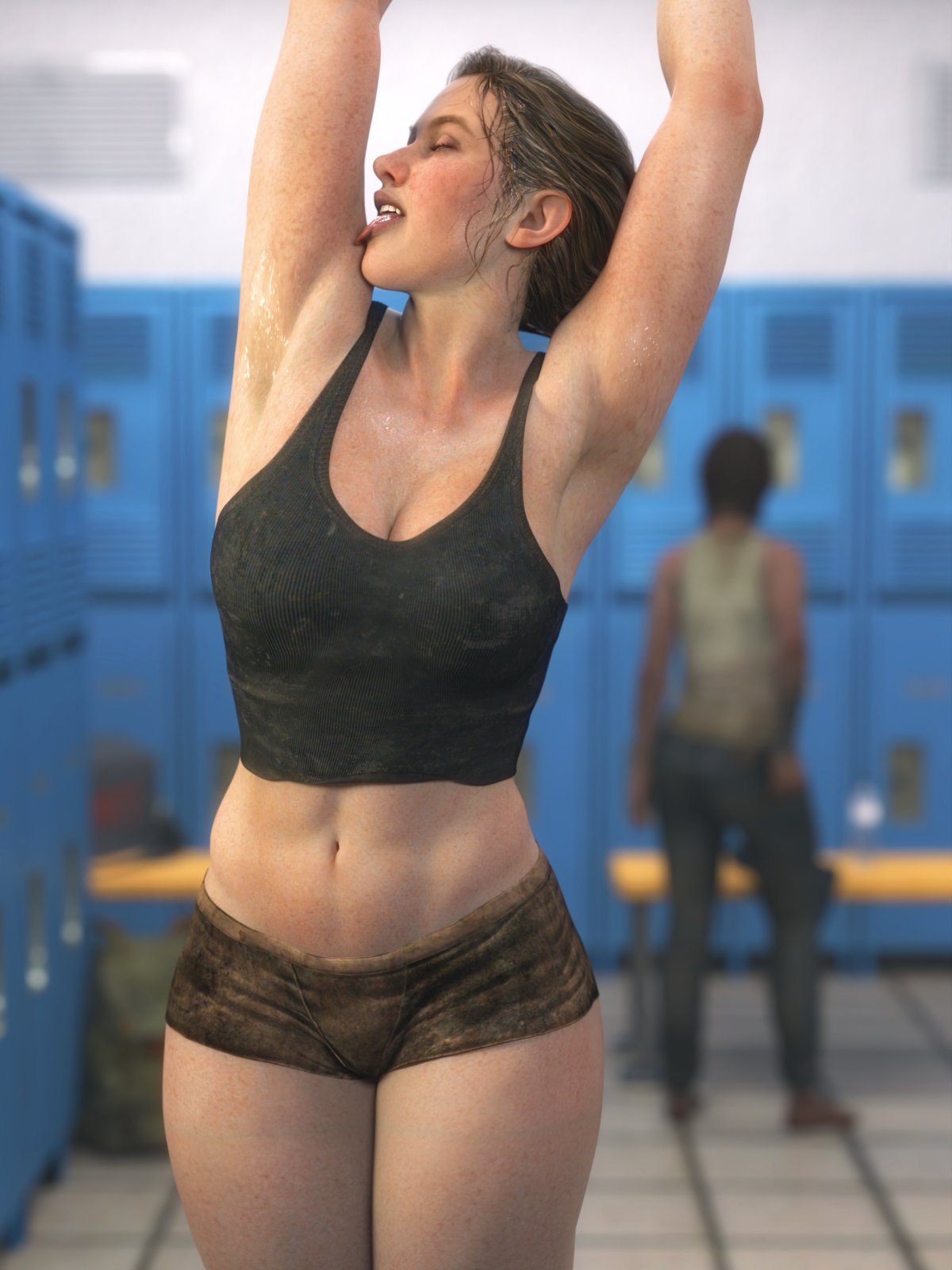 1girls, 2girls, 3d, abigail anderson, abs, armpits, arms up, ass, athletic female, big ass, big breasts, breasts, brown hair, chest, cleavage, clothed, clothing, curvaceous, curvy, curvy figure, ellie (the last of us), ellie williams, female, freckles, hips, hourglass figure, large breasts, legs, licking armpit, light skin, light-skinned female, locker room, mature, mature female, midriff, muscles, muscular, muscular female, naughty dog, panties, pants, shorts, slim waist, standing, the last of us, the last of us 2, thick, thick hips, thick legs, thick thighs, thighs, toned, toned body, voluptuous, voluptuous female, waist, wide hips, word2