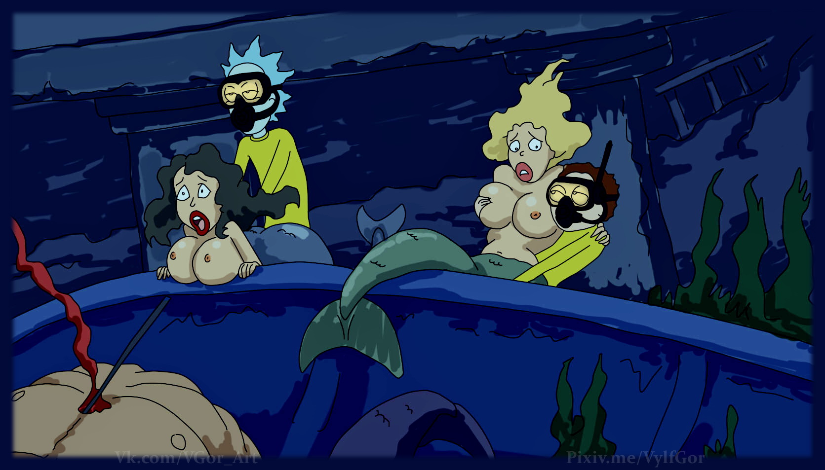 adult swim, big breasts, blonde hair, breasts, mermaid, morty smith, rick and morty, rick sanchez, underwater, vylfgor
