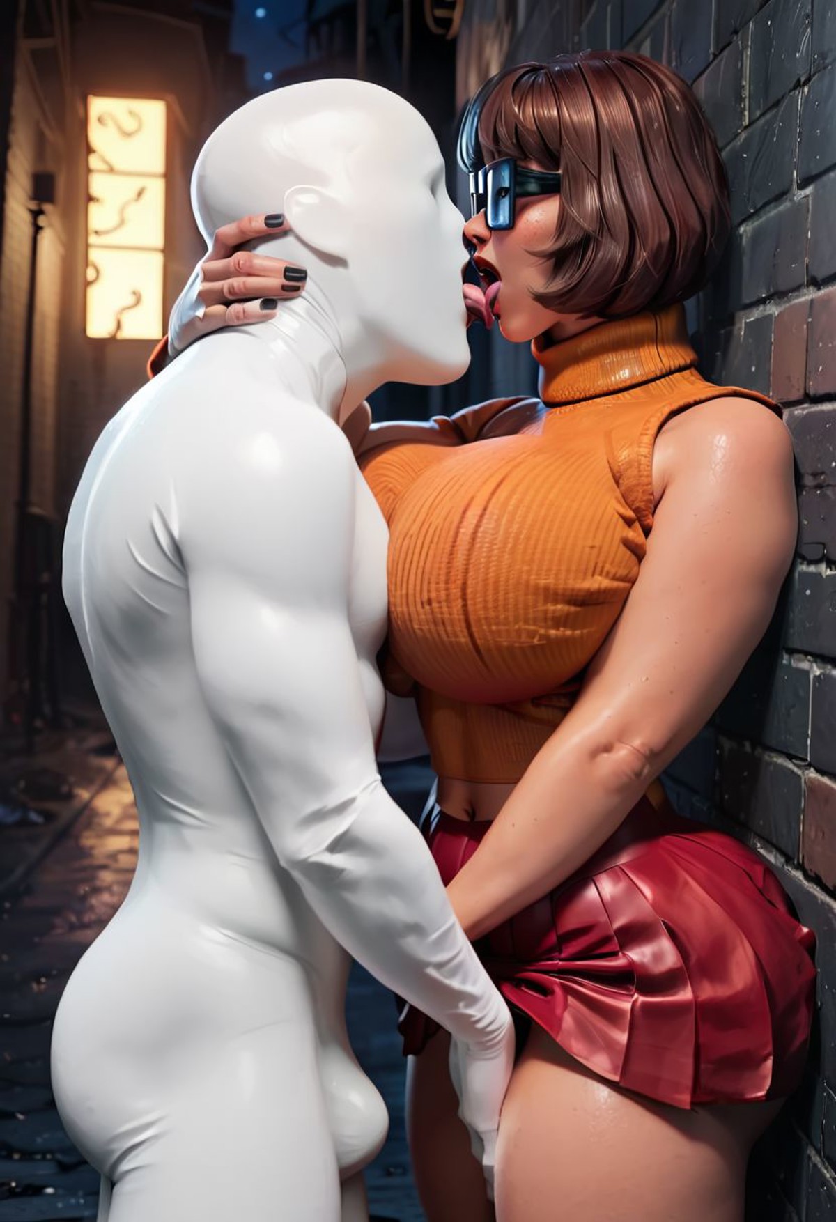 1boy, 1girls, ai generated, alley, bimbo, bimbo body, brown hair, bulge, costume, female, ghost, glasses, hand on head, kissing, logan d, male, miniskirt, night, pussy, scooby-doo, short hair, skirt, skirt lift, sweater, touching pussy, turtleneck, velma dinkley