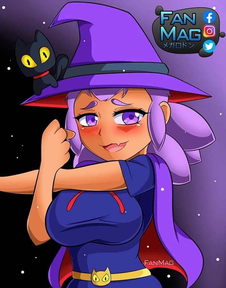 1girls black_cat blush brawl_stars dead_source fanmag_(artist) feline medium_breasts purple_hair shelly_(brawl_stars) social_media username witch witch_hat