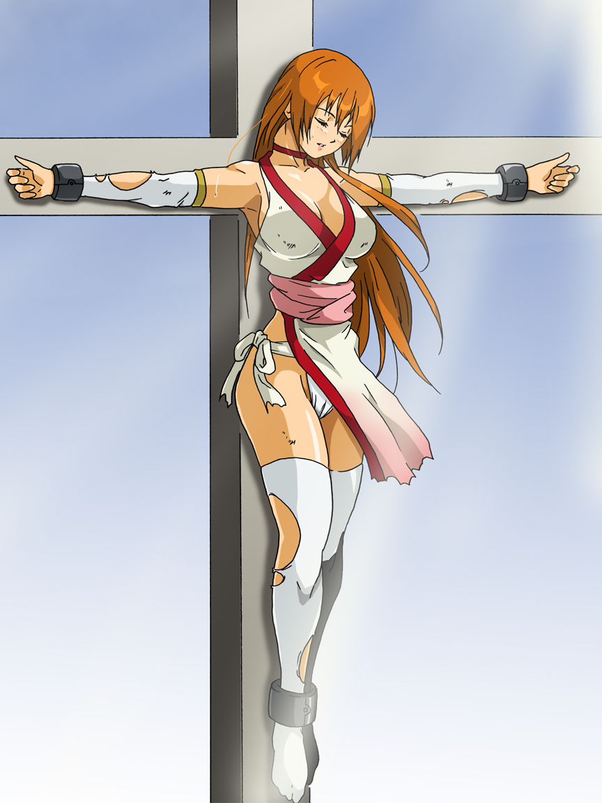 a-ru_(dn1217) bondage breasts brown_hair closed_eyes cross crucifixion dead_or_alive female female_only helpless human kasumi_(doa) long_hair panties side-tie_panties solo sweat tears torn_clothes underwear white_panties