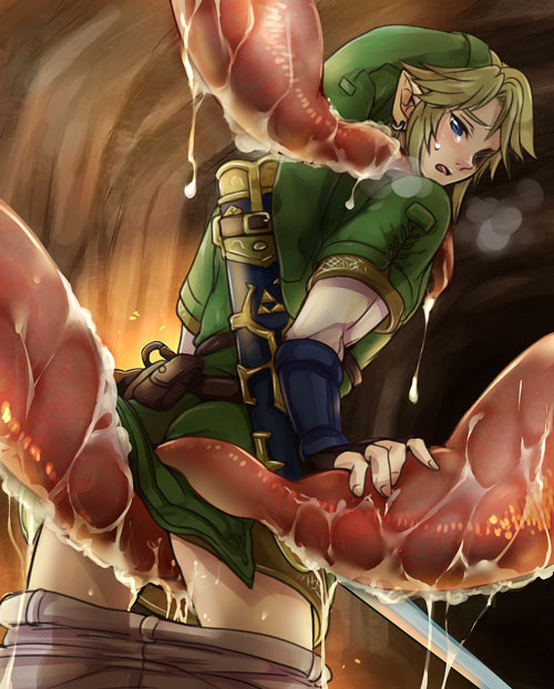 blonde hair, earring, grope, hair, link, link (twilight princess), male, master sword, nintendo, slime, sword, tentacle, tentacle on male, the legend of zelda, twilight princess, weapon, yaoi