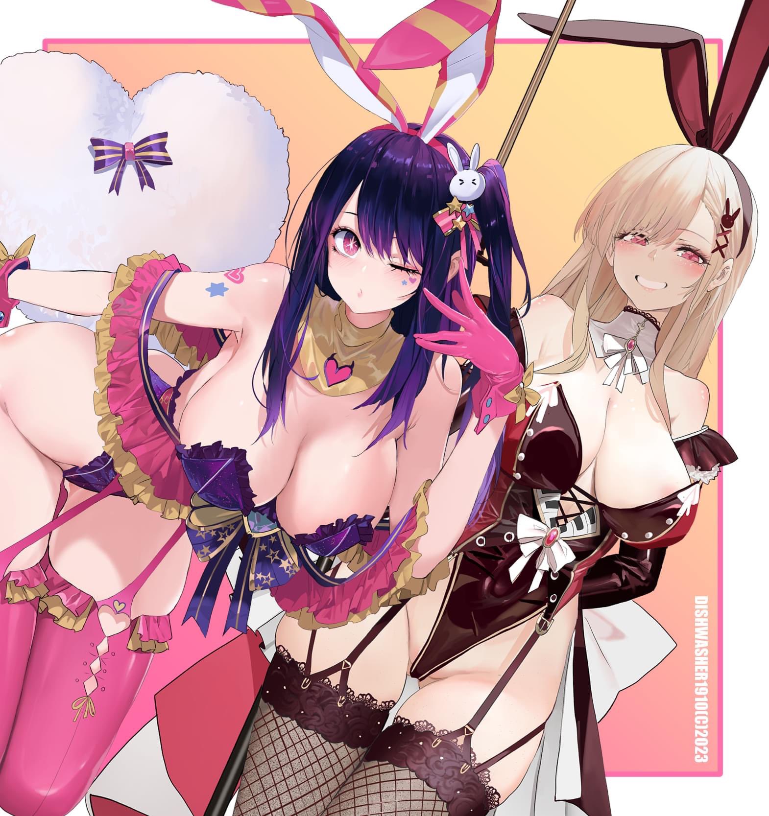 2girls, alternate costume, animal ears, ass visible through thighs, bare shoulders, blonde female, blonde hair, blonde-haired female, blush, breasts, brown hair, bunny ears, cleavage, crossover, detached collar, dishwasher1910, fake animal ears, female, female only, frills, garter straps, gloves, gyaru, hair ornament, hair ornaments, hair ribbon, heart, highleg, highleg leotard, hoshino ai, idol, kitagawa marin, large breasts, leaning forward, leotard, long hair, looking at viewer, multicolored hair, multiple females, multiple girls, one eye closed, oshi no ko, pink eyes, pink gloves, pink hair ribbon, pink ribbon, pink thighhighs, pink-eyed female, playboy bunny, purple eyes, purple hair, purple-eyed female, purple-haired female, rabbit ears, rabbit hair ornament, ribbon, sideboob, smile, sono bisque doll wa koi wo suru, star (symbol), star in eye, star-shaped pupils, strapless, strapless leotard, symbol in eye, symbol-shaped pupils, thigh gap, thighhighs, thighs