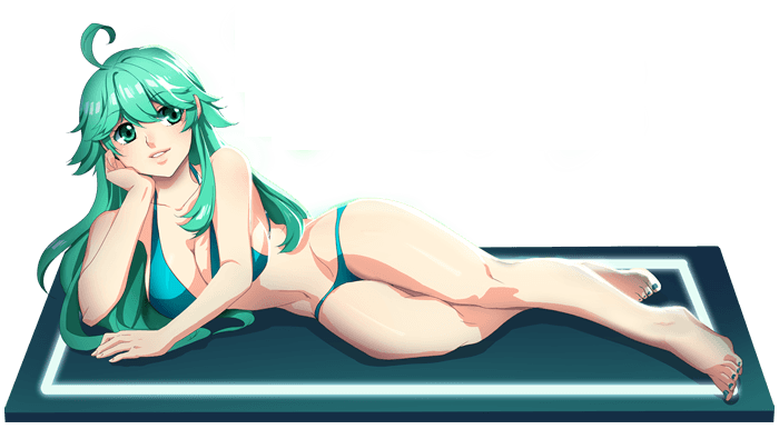 1girls ahoge barefoot big_breasts blue_bikini breasts color feet female female_only green green_eyes green_hair green_nail_polish green_nails human long_hair lucidsky mascot nail_polish navel painted_nails png rule_34-tan rule_34_(booru) site-tan smile solo toes transparent_background