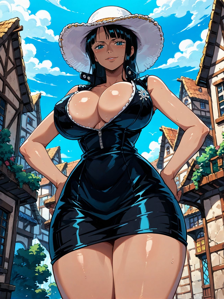 1girls ai_generated bare_arms bare_legs bare_shoulders bare_thighs big_breasts black_hair blue_eyes blush clothed clothing color female female_focus female_only hi_res inner_sideboob large_breasts light-skinned_female light_skin long_hair looking_at_viewer nico_robin one_piece pre-timeskip shounen_jump solo solo_female tagme thick_thighs yashin