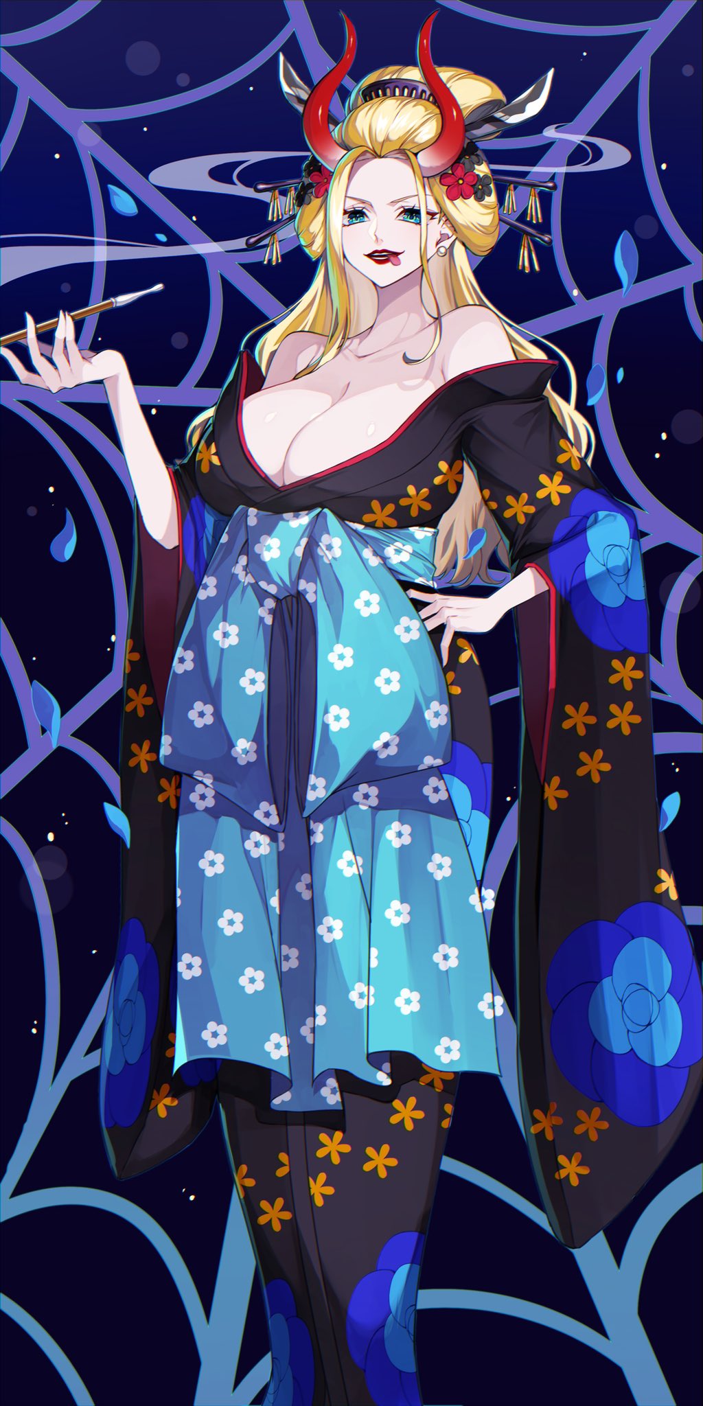 beast_pirates black_maria blonde_hair blue_eyes breasts clothing crazy_otama female female_only geisha hair_ornament hair_stick hand_on_hip high_resolution horns kimono kiseru large_breasts looking_at_viewer off_shoulder oiran one_piece open-mouth_smile open_mouth robe sash smile standing tied_hair tongue_out traditional_clothes very_long_hair wafuku wano_country wide_sleeves