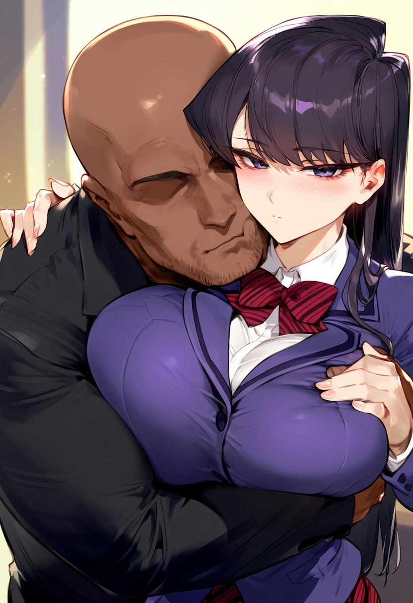 1boy 1girls ai_generated bald bangs black_hair blazer blue_jacket blush bow bowtie breast_grab breasts closed_mouth clothing collared_shirt dark-skinned_male dark_skin faceless faceless_male female grabbing groping hug huge_breasts interracial jacket komi_shouko large_breasts long_hair long_sleeves looking_at_viewer male nakatori original purple_eyes red_bow red_bowtie red_skirt school_uniform shirt skirt straight striped striped_bow striped_bowtie swept_bangs uniform upper_body white_shirt